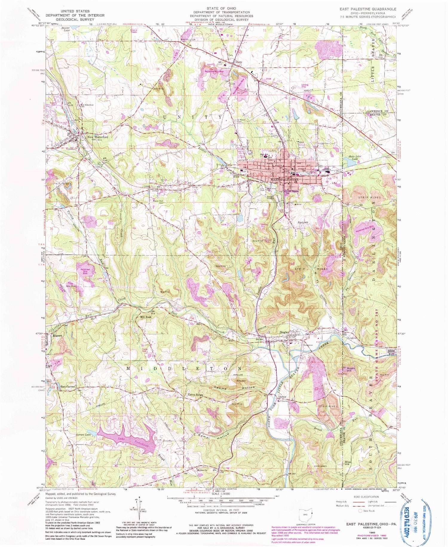 Classic USGS East Palestine Ohio 7.5'x7.5' Topo Map Image