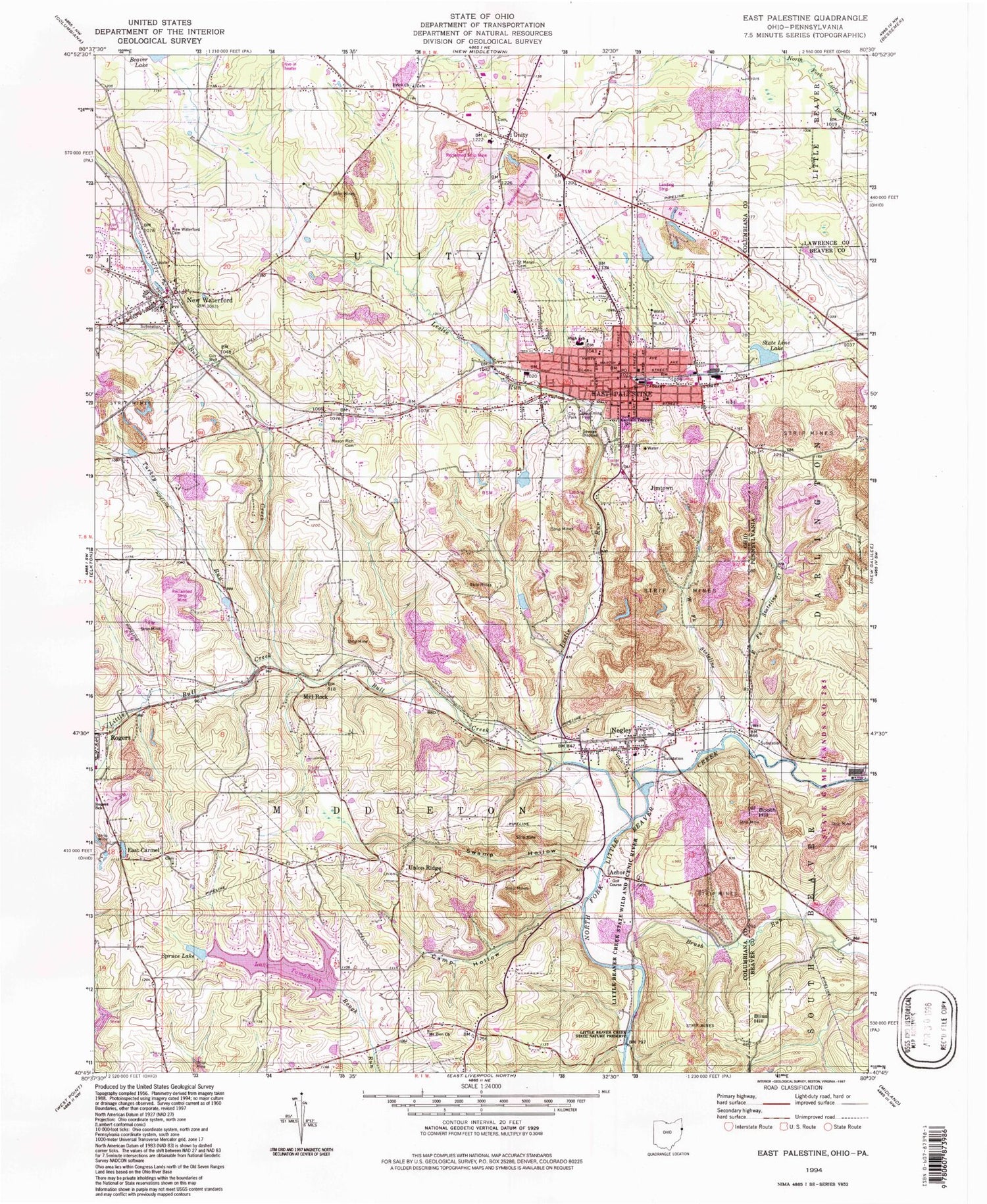 Classic USGS East Palestine Ohio 7.5'x7.5' Topo Map Image