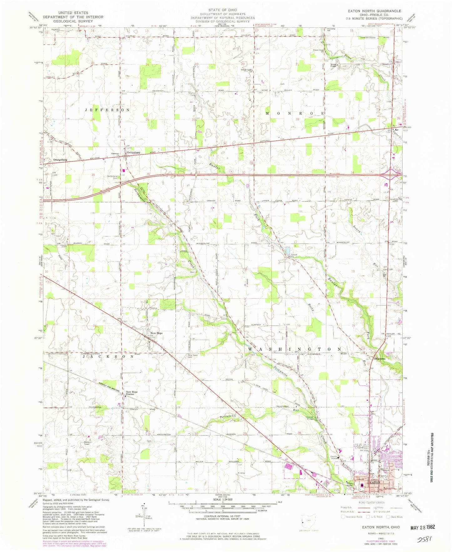 Classic USGS Eaton North Ohio 7.5'x7.5' Topo Map Image
