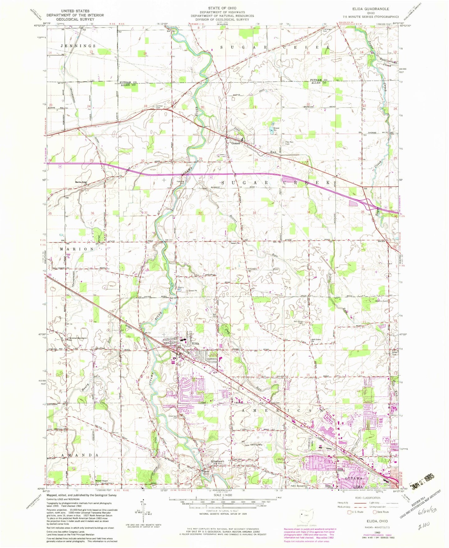 Classic USGS Elida Ohio 7.5'x7.5' Topo Map Image