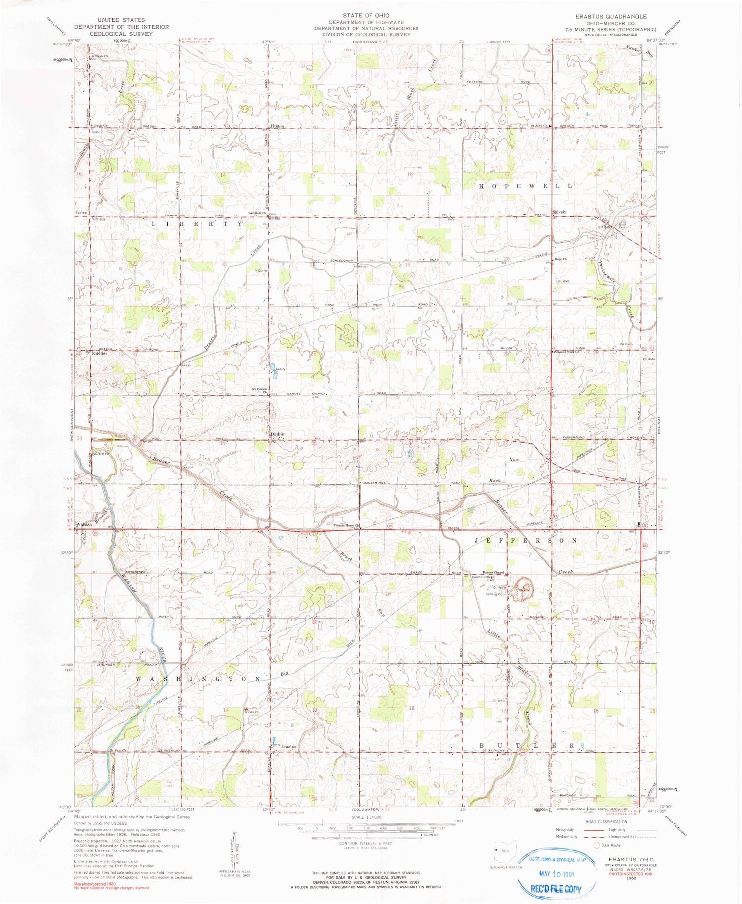 Classic USGS Erastus Ohio 7.5'x7.5' Topo Map Image