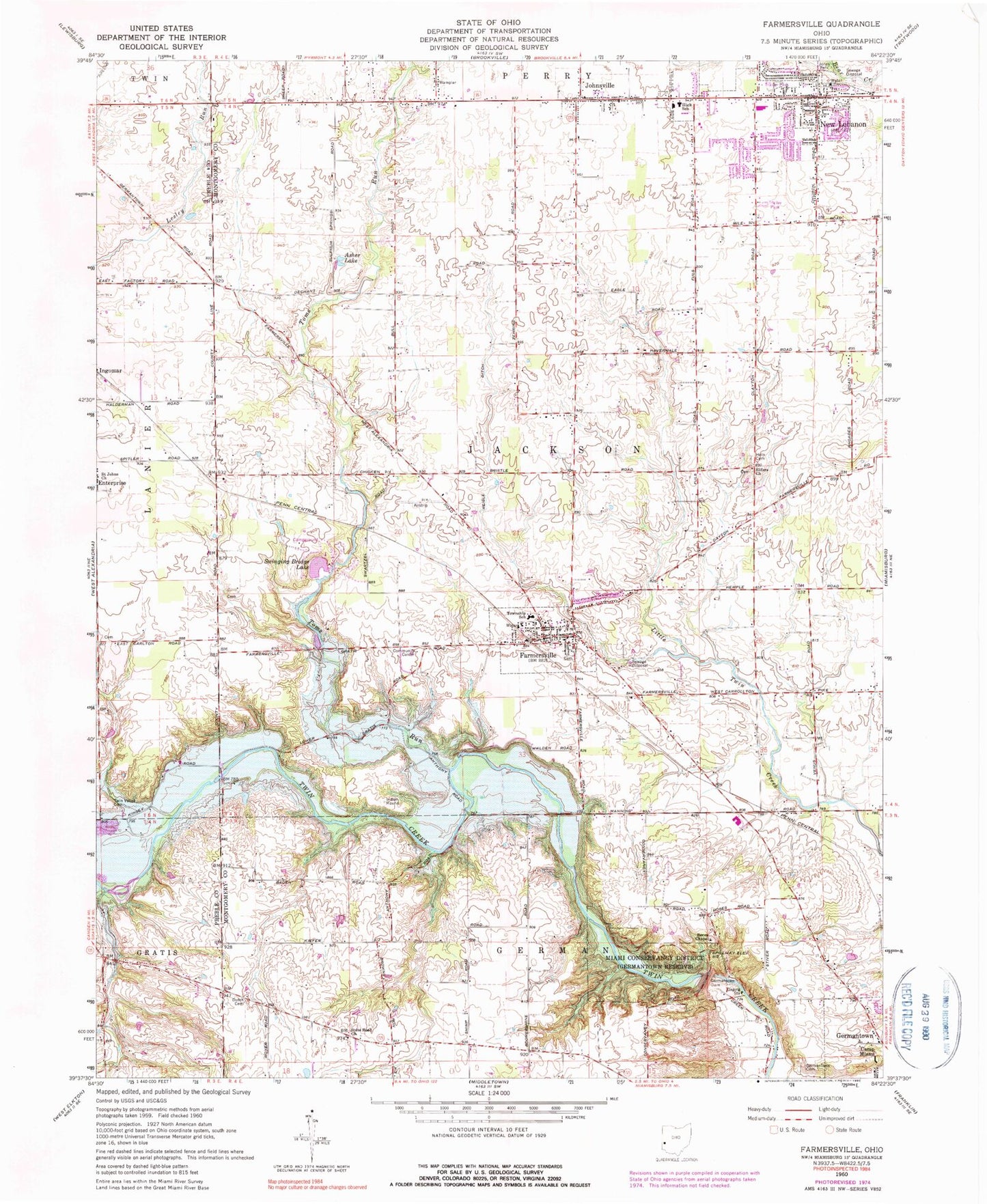 Classic USGS Farmersville Ohio 7.5'x7.5' Topo Map Image