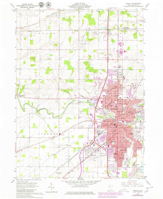 Classic USGS Findlay Ohio 7.5'x7.5' Topo Map Image