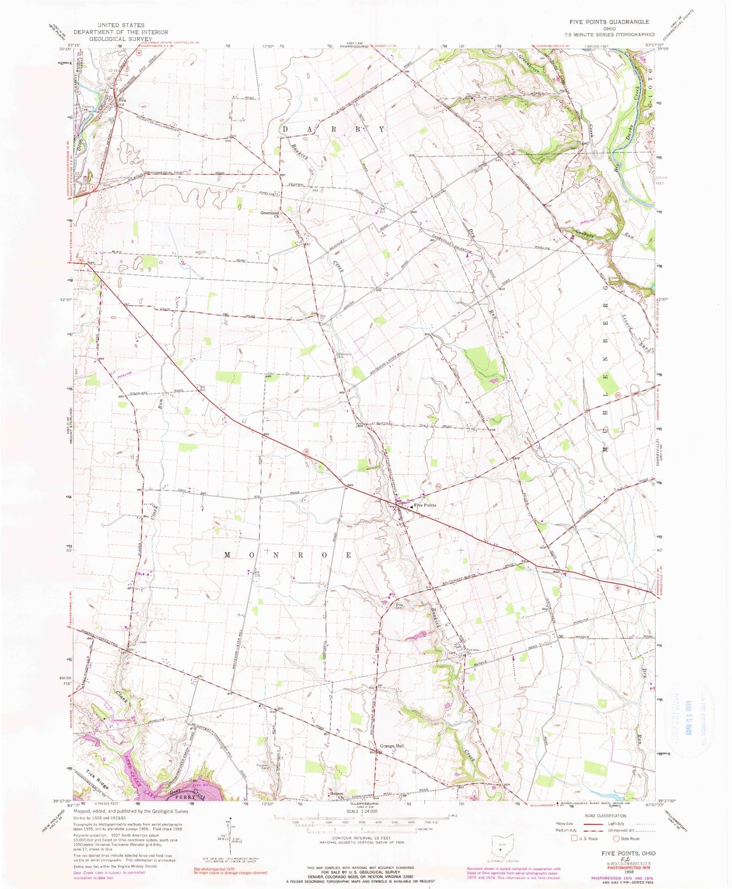 Classic USGS Five Points Ohio 7.5'x7.5' Topo Map Image