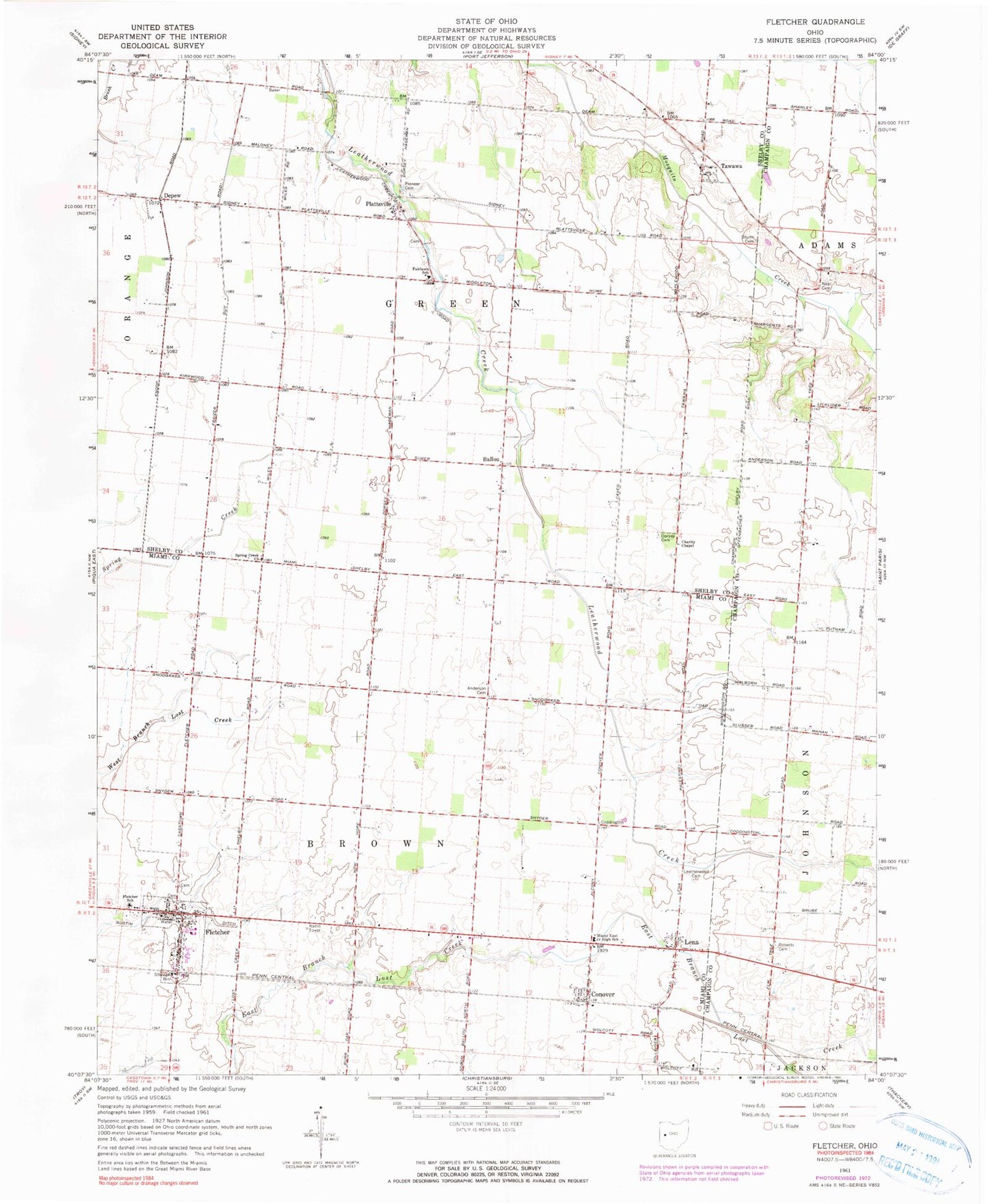 Classic USGS Fletcher Ohio 7.5'x7.5' Topo Map Image
