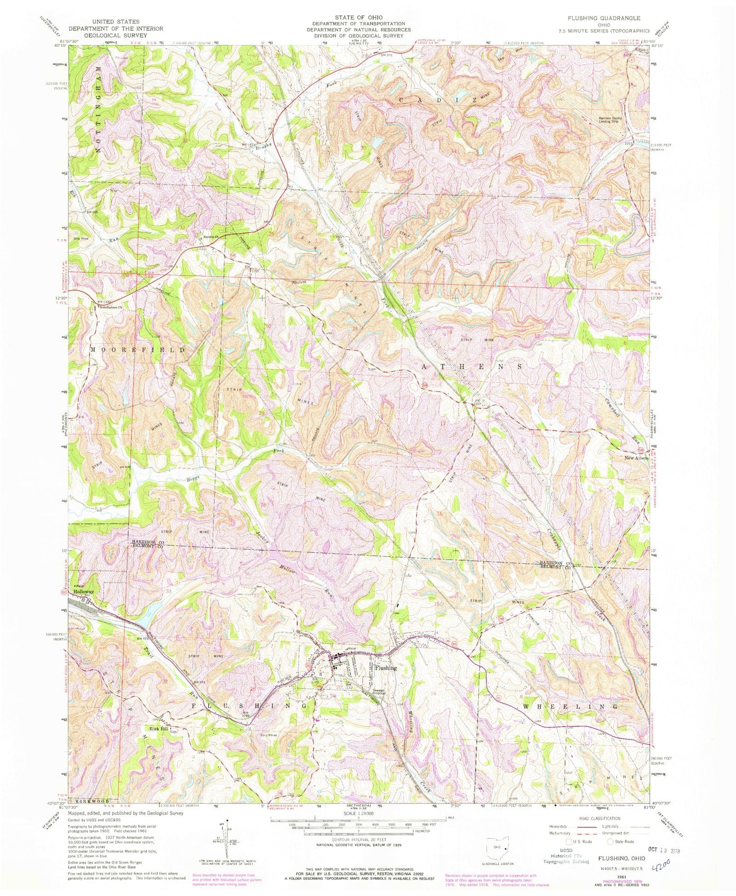 Classic USGS Flushing Ohio 7.5'x7.5' Topo Map Image