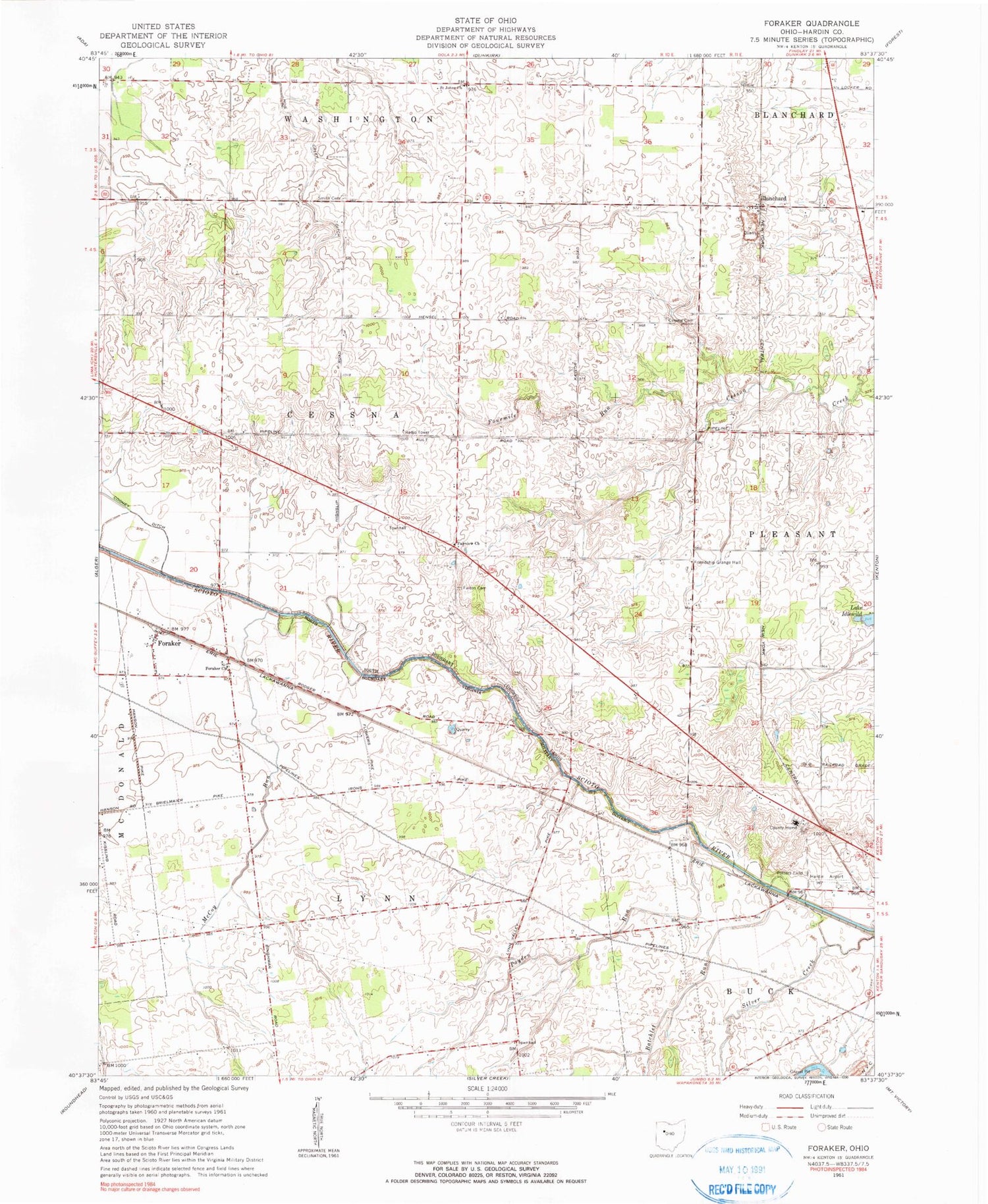 Classic USGS Foraker Ohio 7.5'x7.5' Topo Map Image