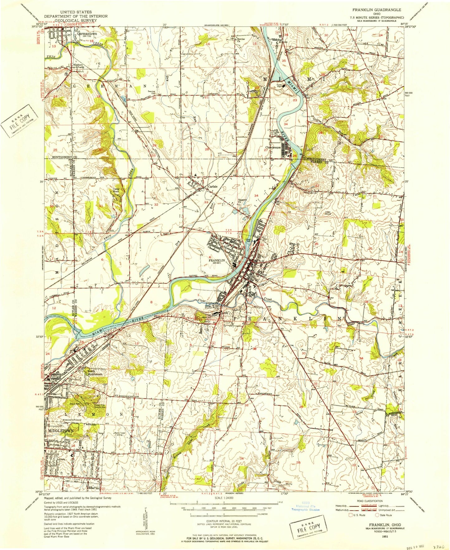 Classic USGS Franklin Ohio 7.5'x7.5' Topo Map Image
