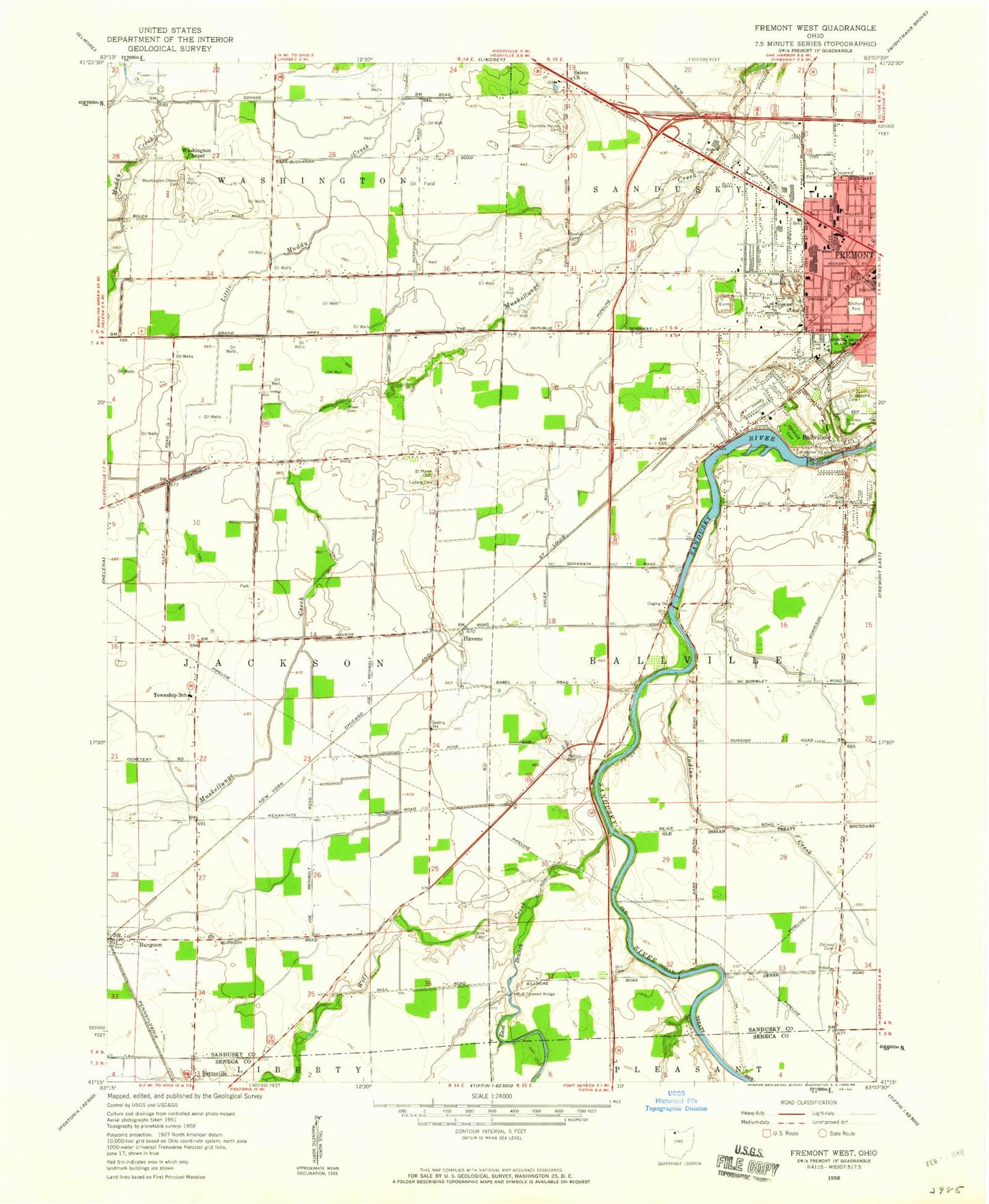 Classic USGS Fremont West Ohio 7.5'x7.5' Topo Map Image