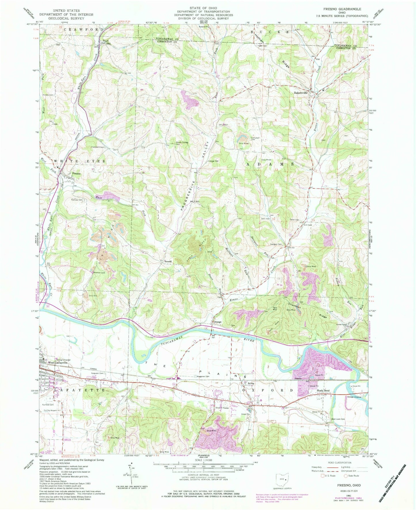 Classic USGS Fresno Ohio 7.5'x7.5' Topo Map Image