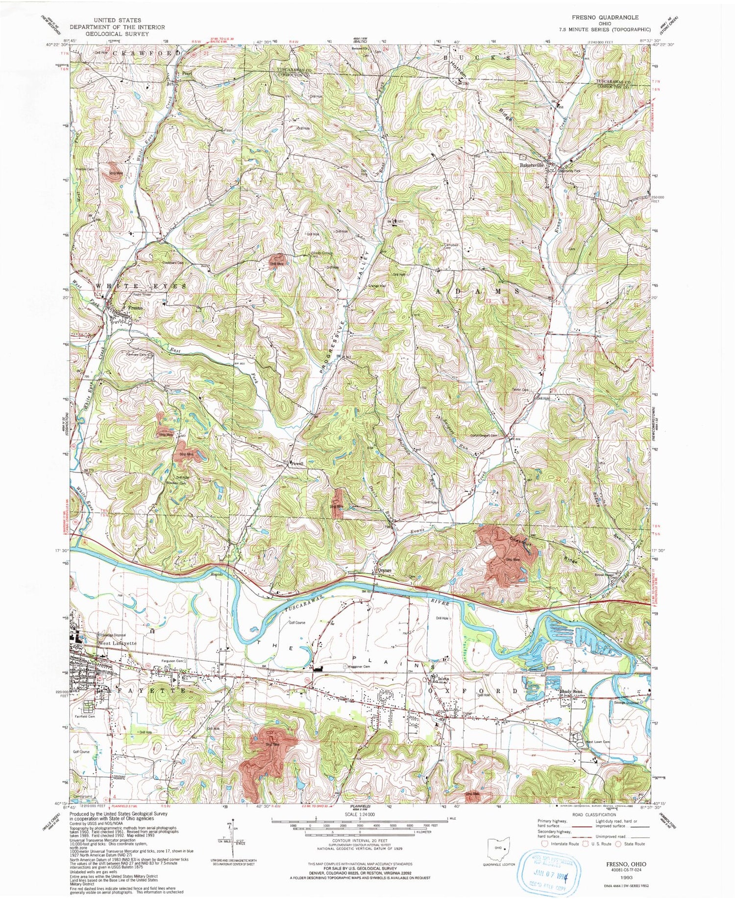 Classic USGS Fresno Ohio 7.5'x7.5' Topo Map Image
