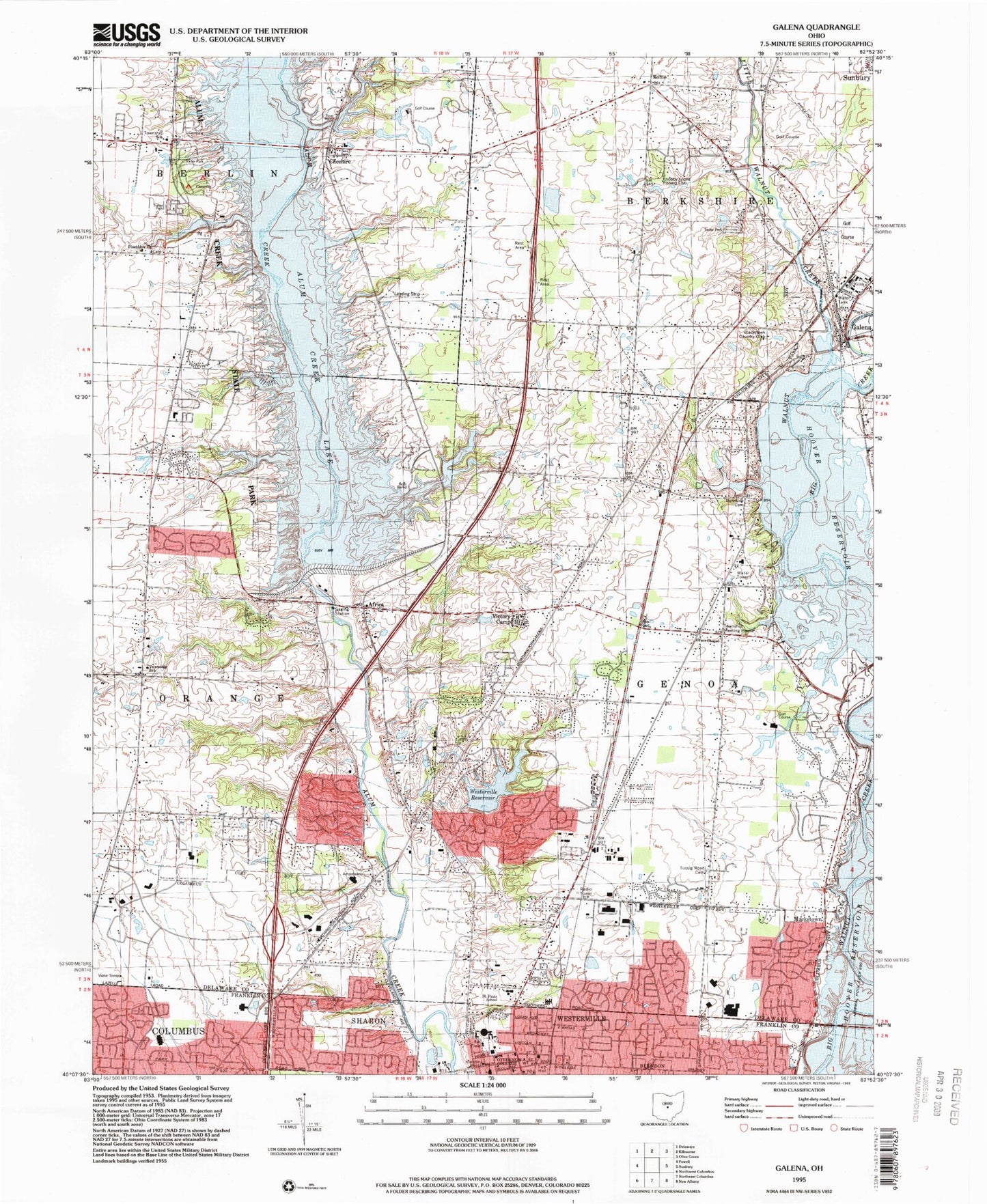 Classic USGS Galena Ohio 7.5'x7.5' Topo Map Image