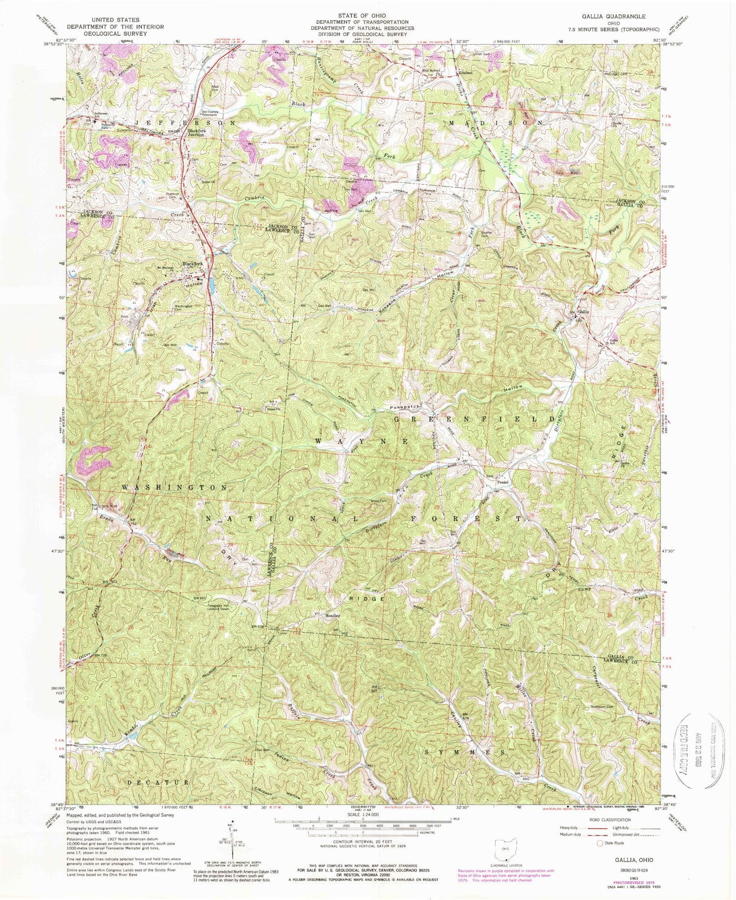 Classic USGS Gallia Ohio 7.5'x7.5' Topo Map Image