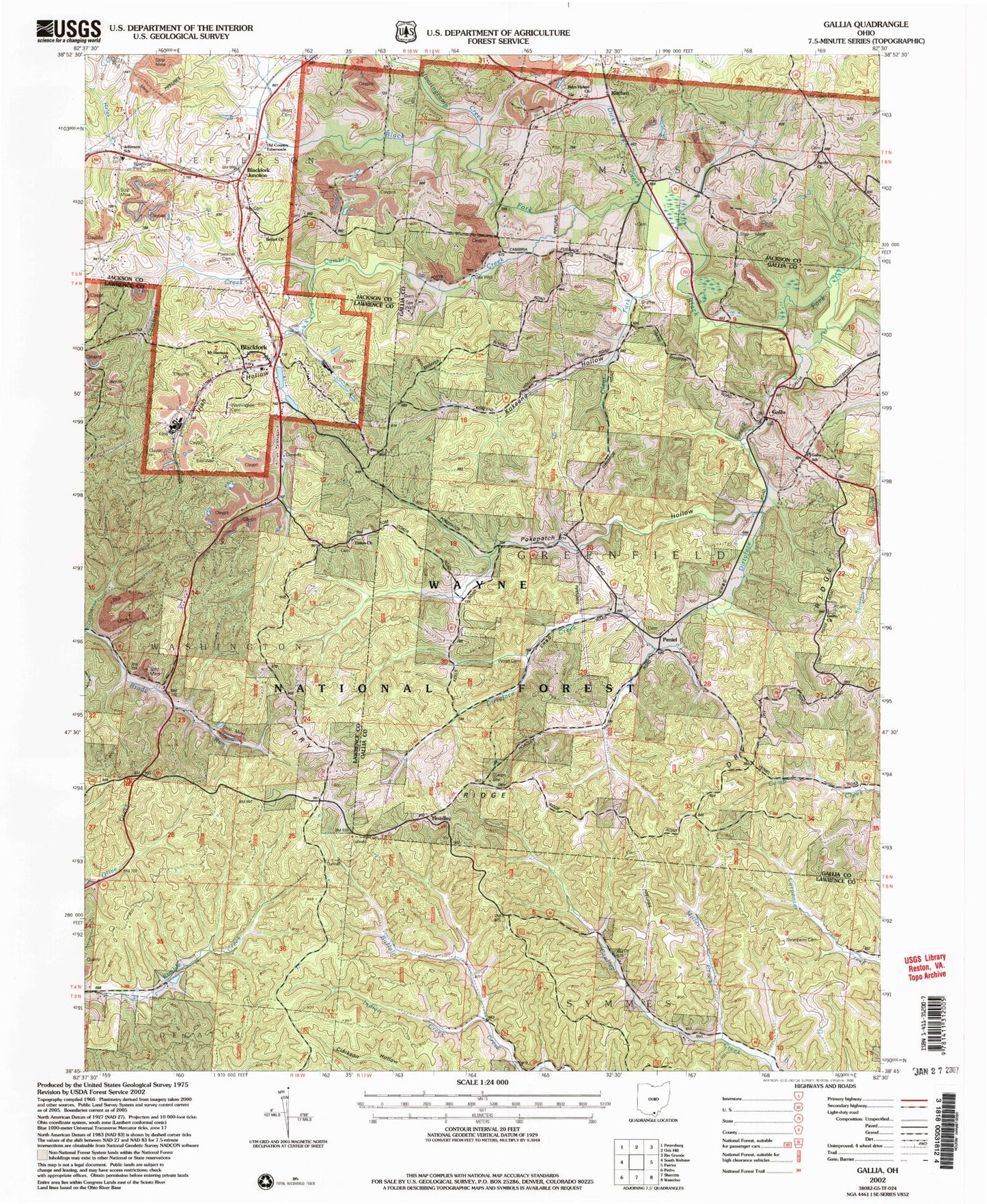 Classic USGS Gallia Ohio 7.5'x7.5' Topo Map Image
