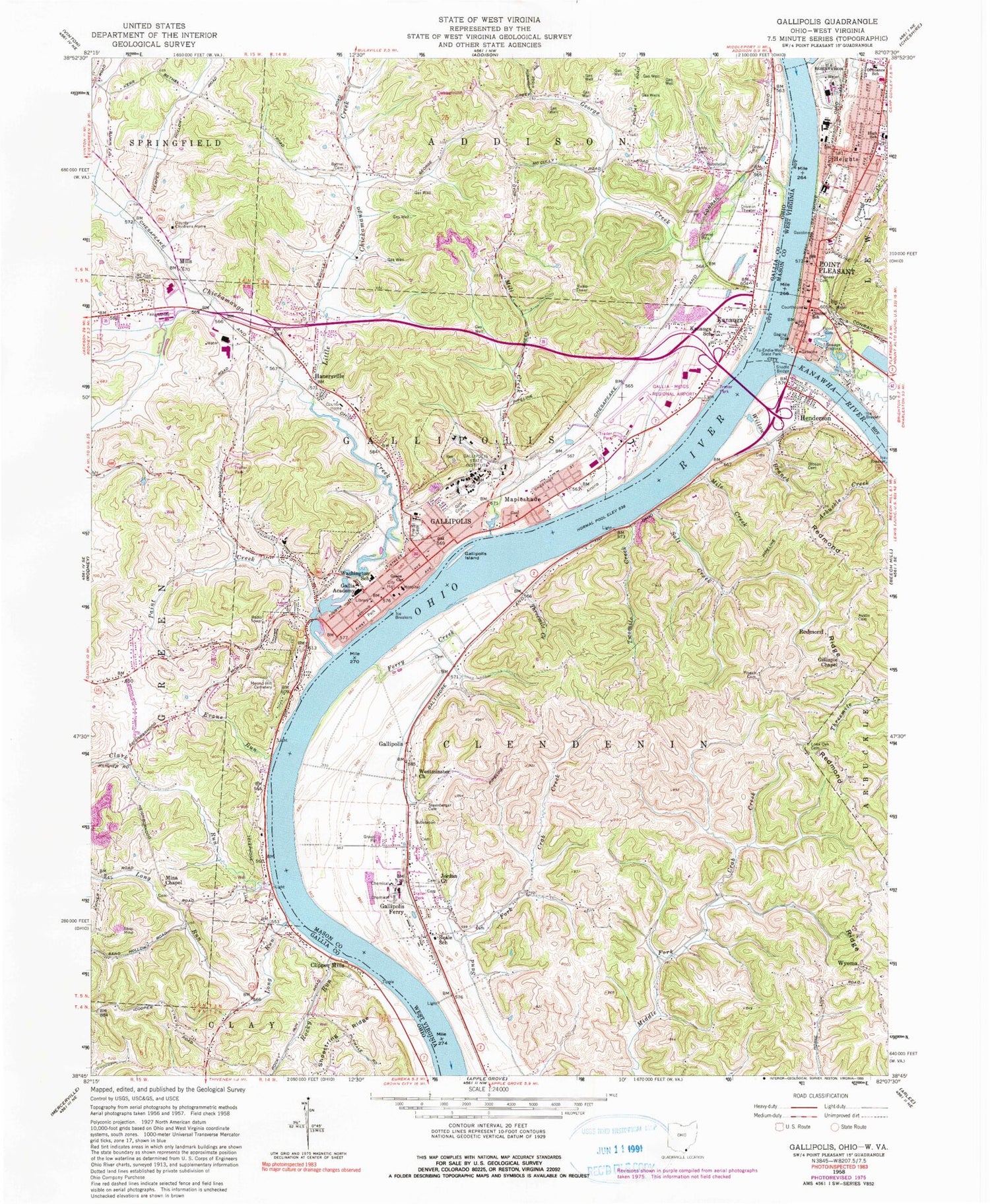 Classic USGS Gallipolis Ohio 7.5'x7.5' Topo Map Image
