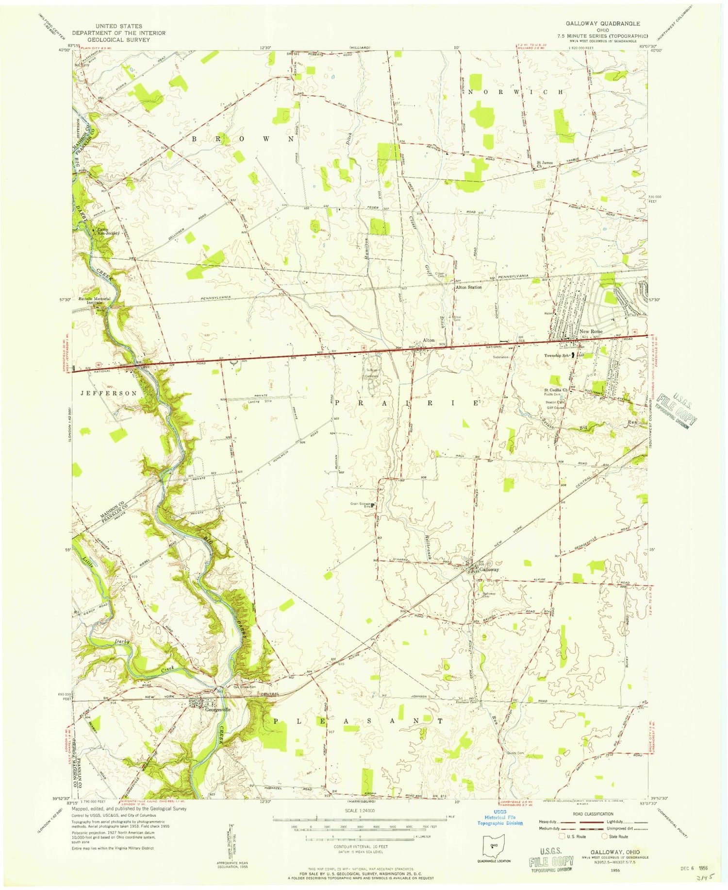 Classic USGS Galloway Ohio 7.5'x7.5' Topo Map Image
