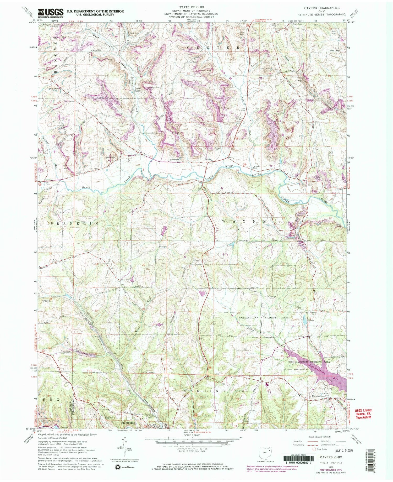 Classic USGS Gavers Ohio 7.5'x7.5' Topo Map Image