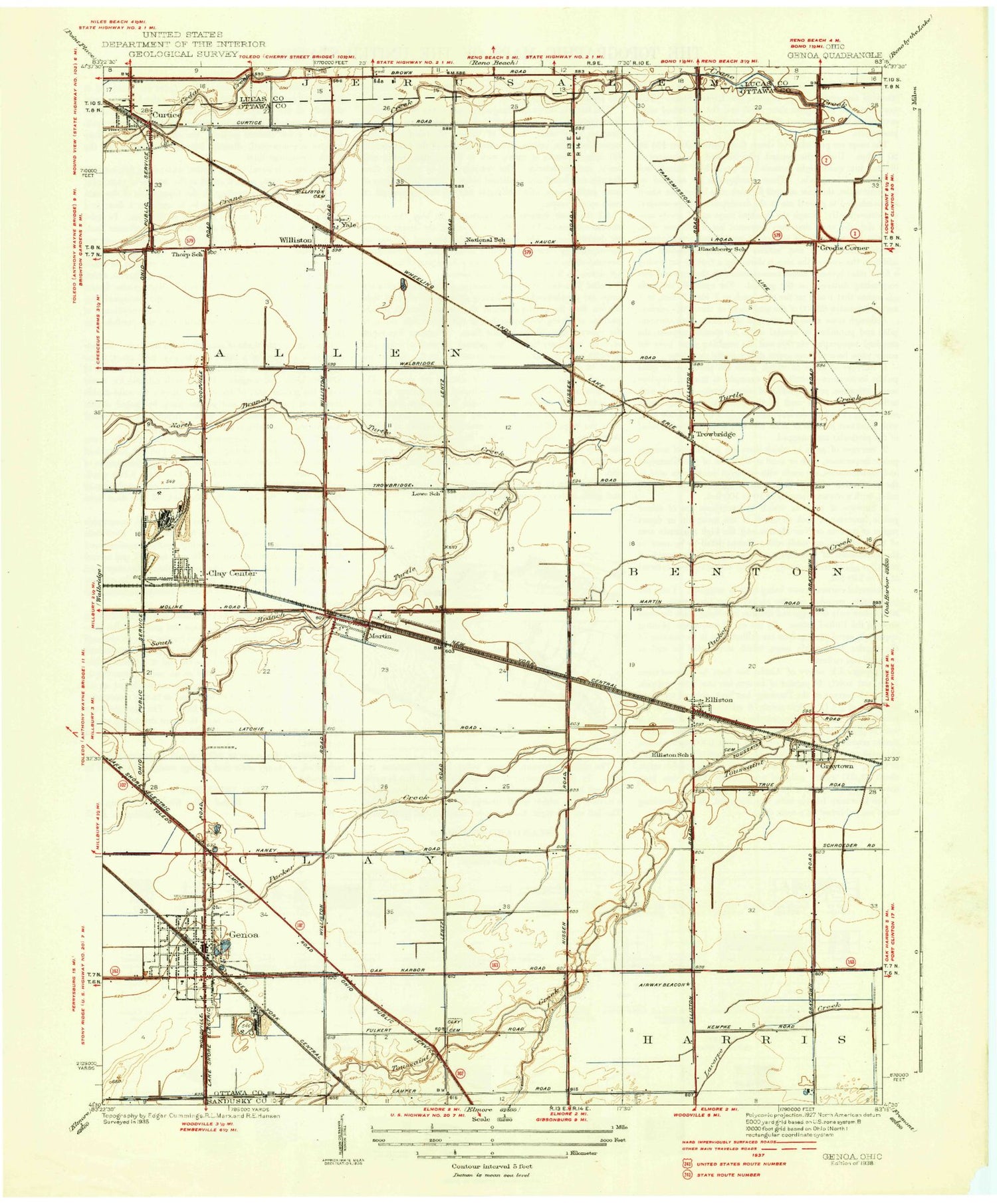 Classic USGS Genoa Ohio 7.5'x7.5' Topo Map Image