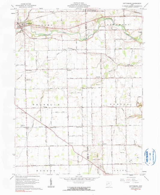 Classic USGS Gettysburg Ohio 7.5'x7.5' Topo Map Image