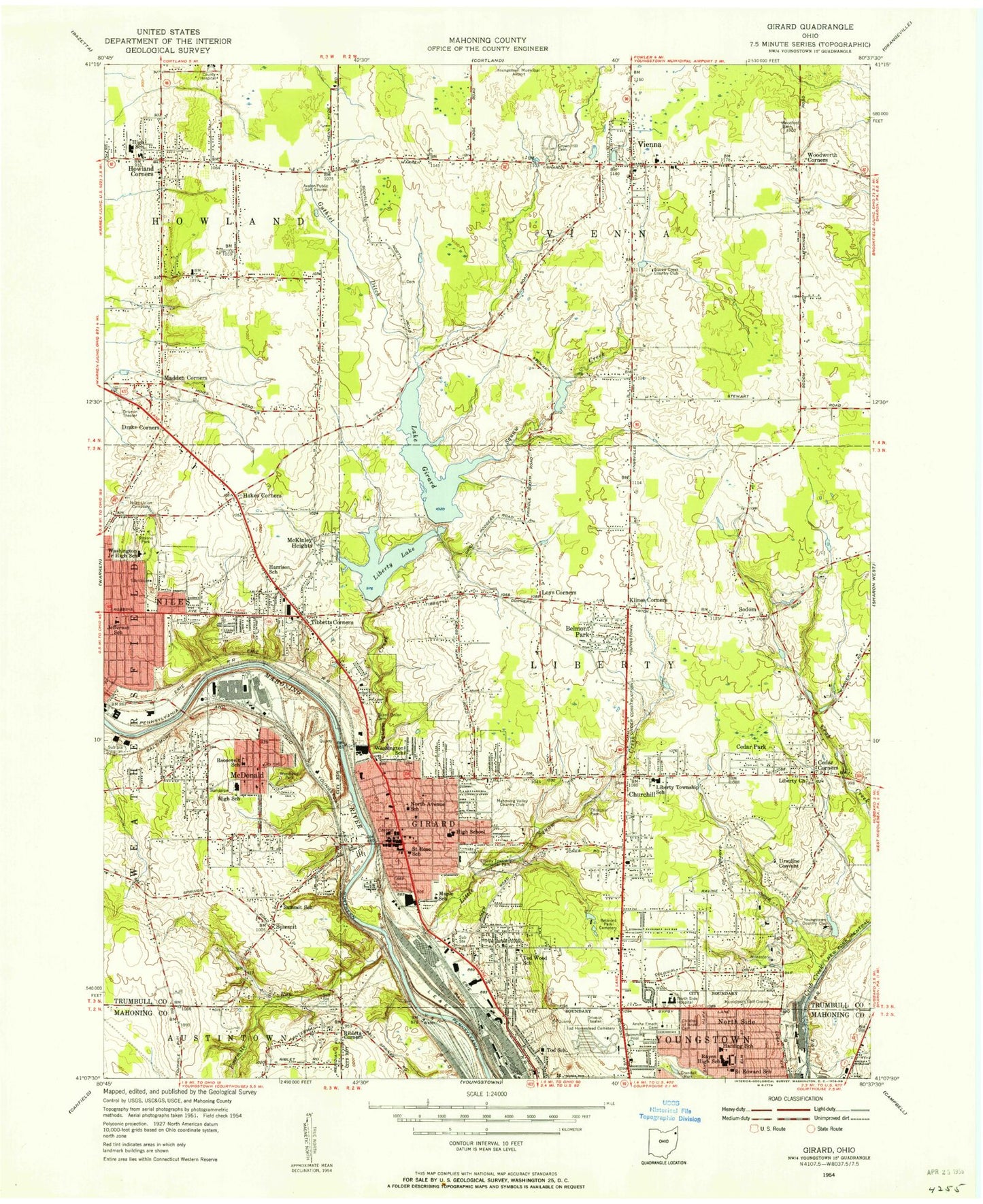 Classic USGS Girard Ohio 7.5'x7.5' Topo Map Image