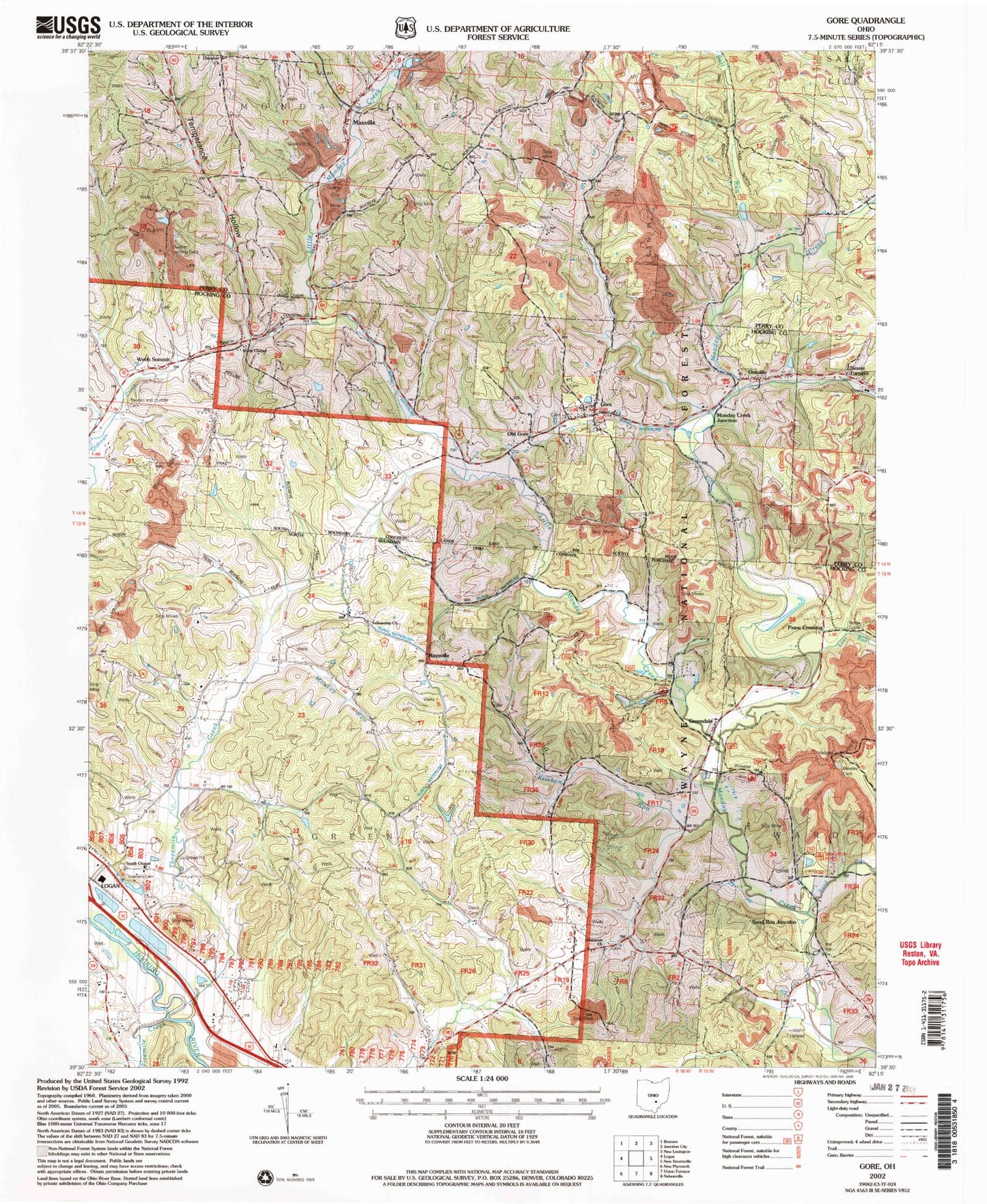 Classic USGS Gore Ohio 7.5'x7.5' Topo Map Image