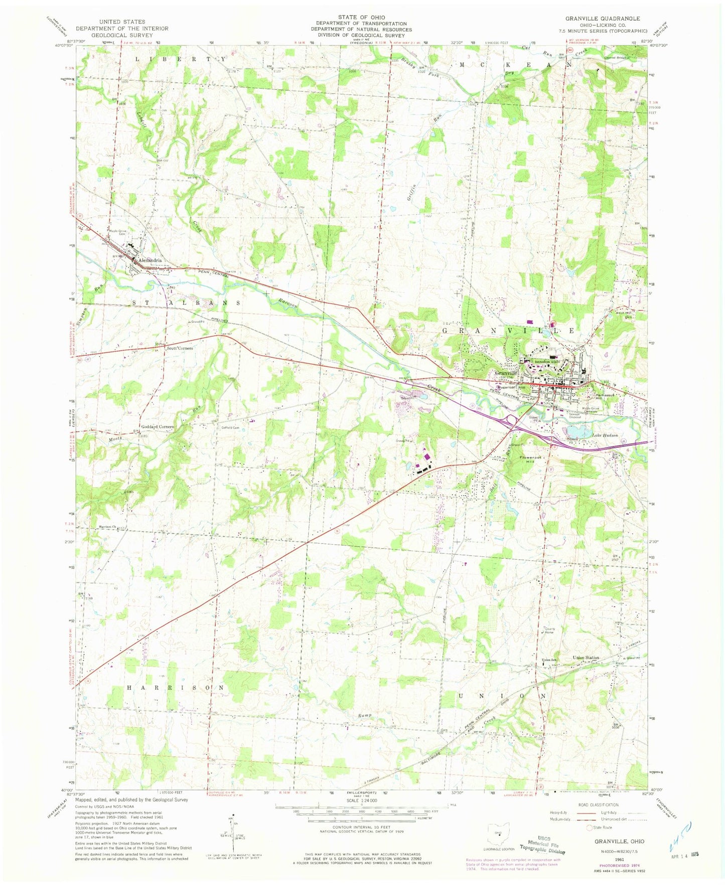 Classic USGS Granville Ohio 7.5'x7.5' Topo Map Image