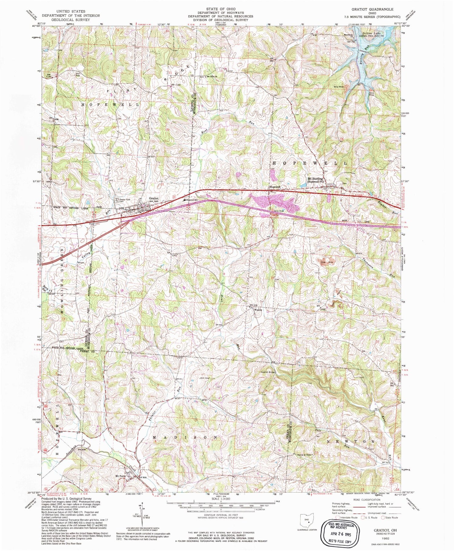 Classic USGS Gratiot Ohio 7.5'x7.5' Topo Map Image