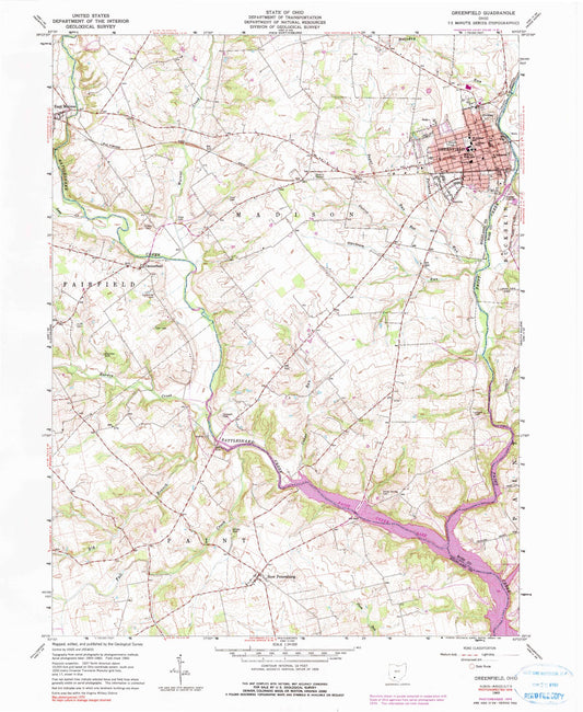 Classic USGS Greenfield Ohio 7.5'x7.5' Topo Map Image