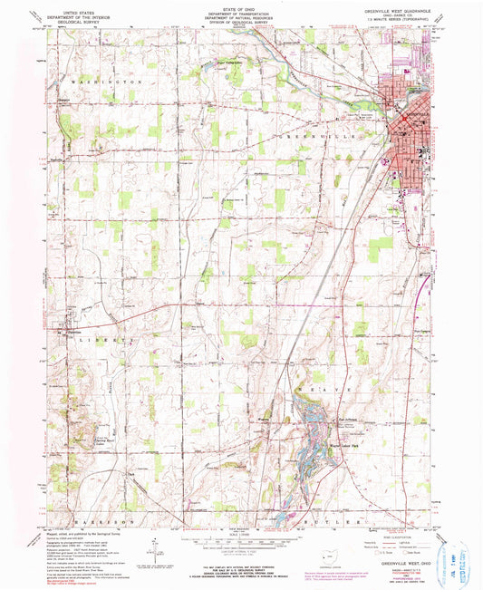 Classic USGS Greenville West Ohio 7.5'x7.5' Topo Map Image