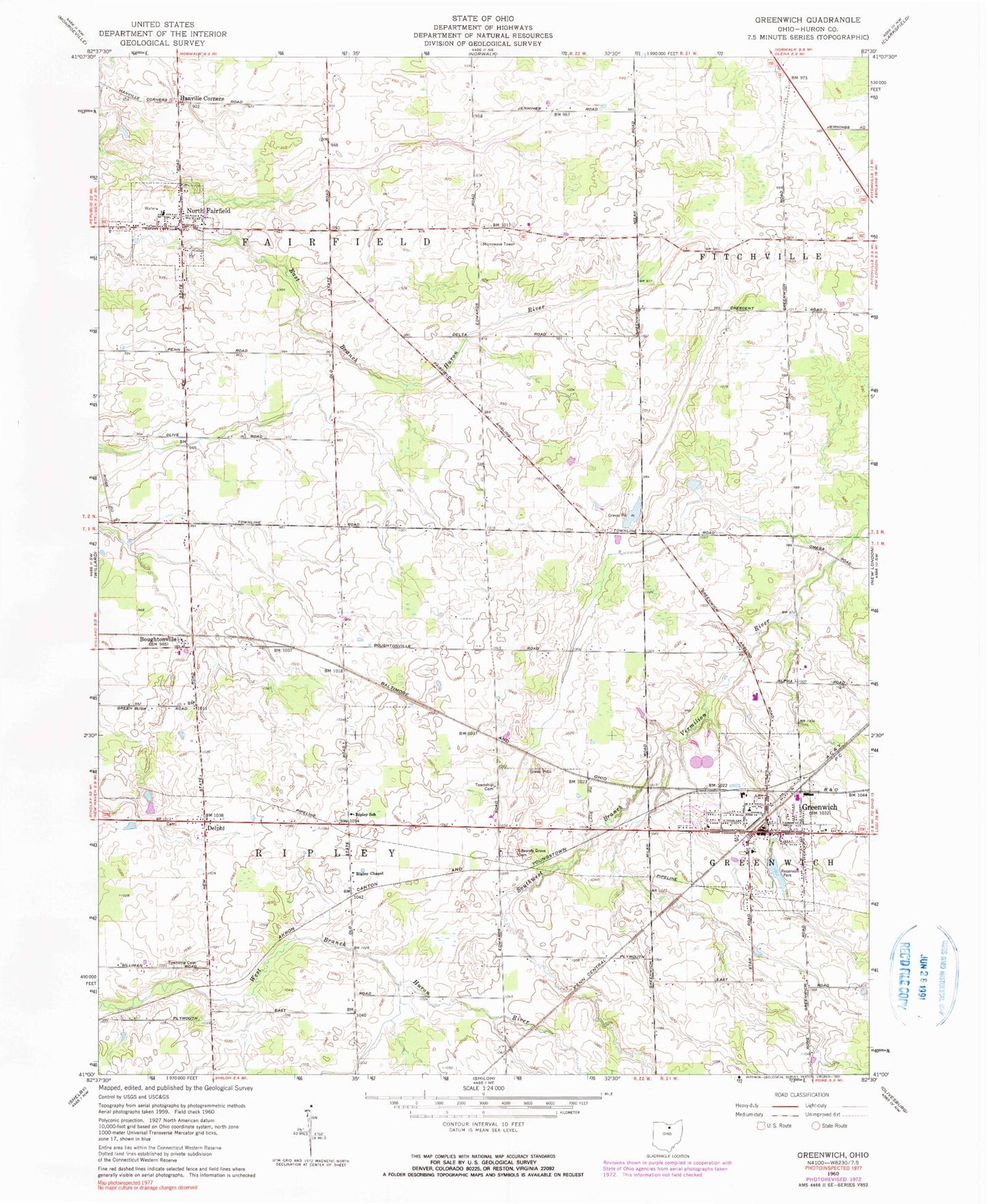 Classic USGS Greenwich Ohio 7.5'x7.5' Topo Map Image