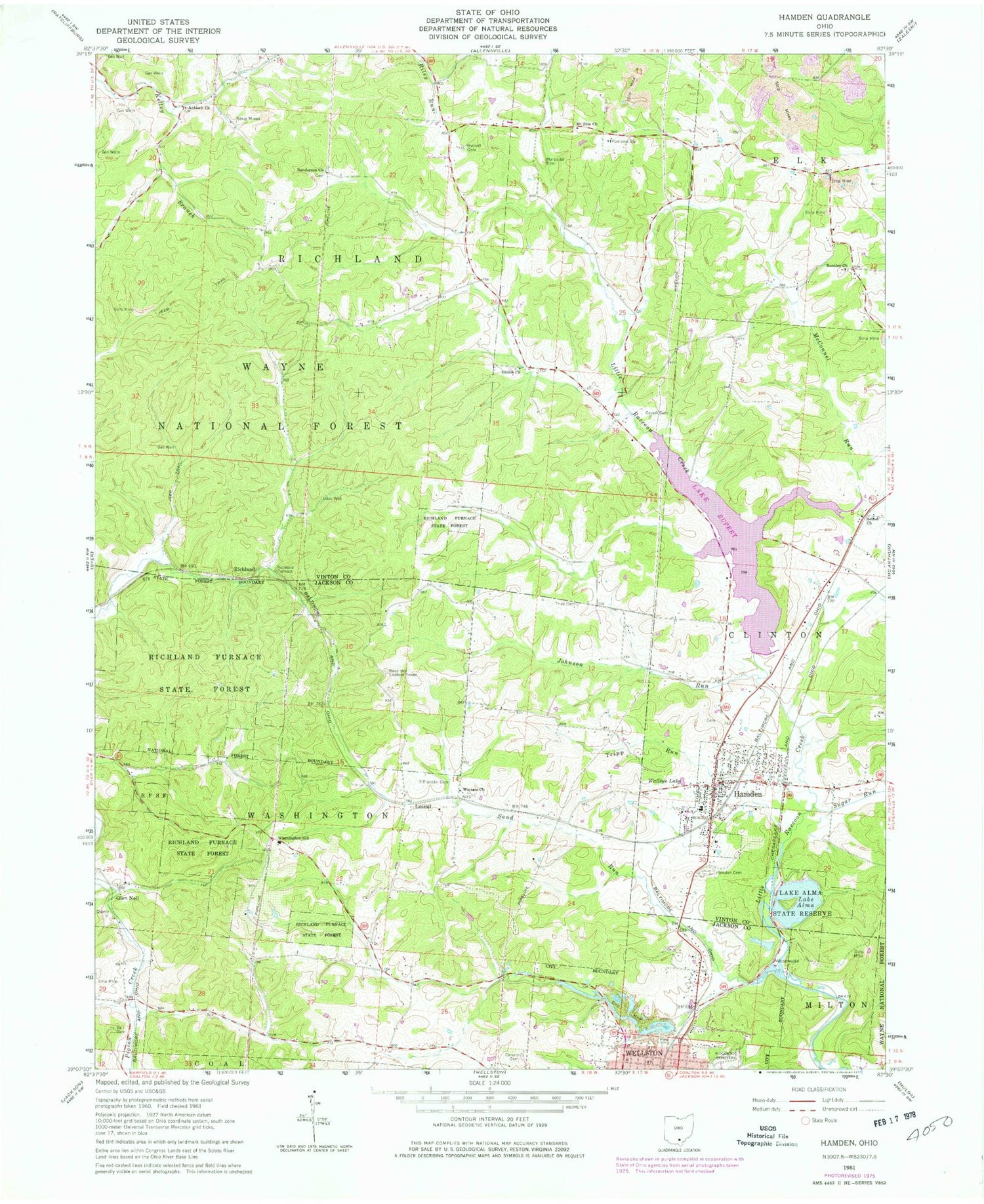Classic USGS Hamden Ohio 7.5'x7.5' Topo Map Image