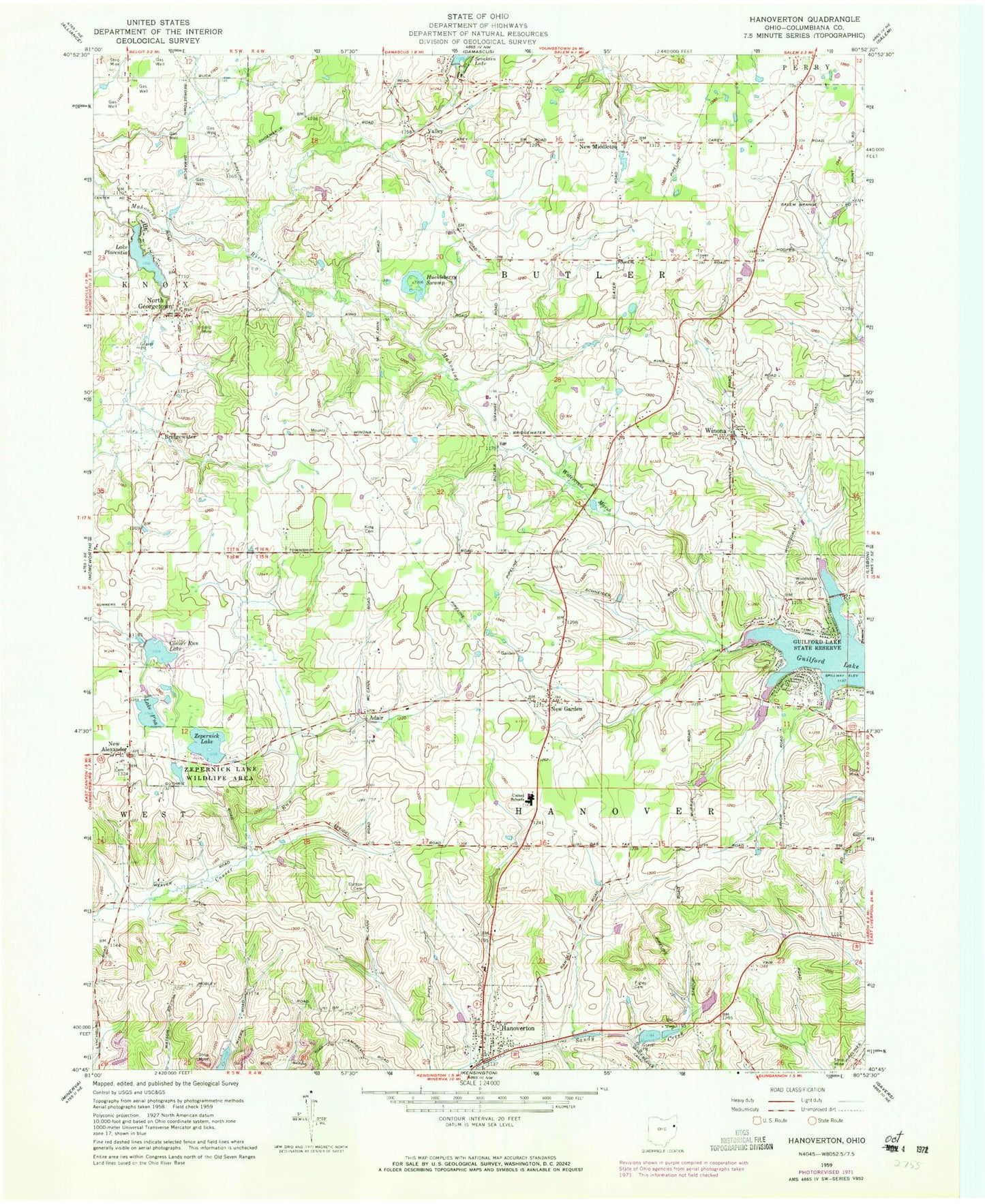 Classic USGS Hanoverton Ohio 7.5'x7.5' Topo Map Image