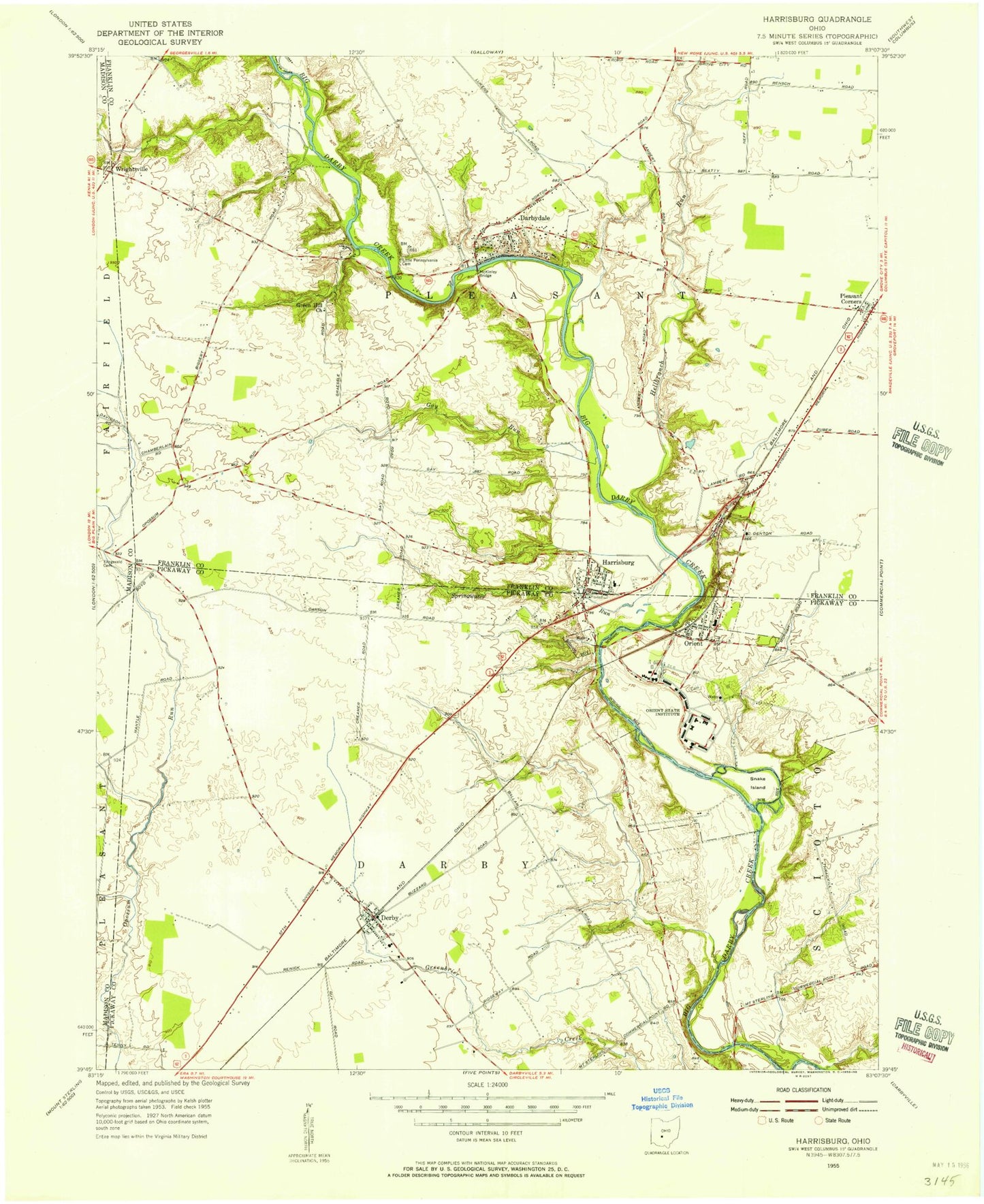 Classic USGS Harrisburg Ohio 7.5'x7.5' Topo Map Image