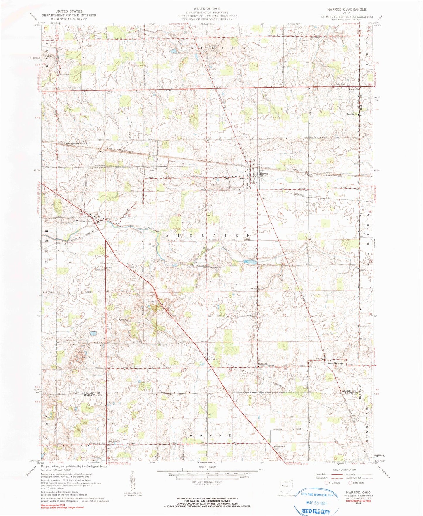 Classic USGS Harrod Ohio 7.5'x7.5' Topo Map Image