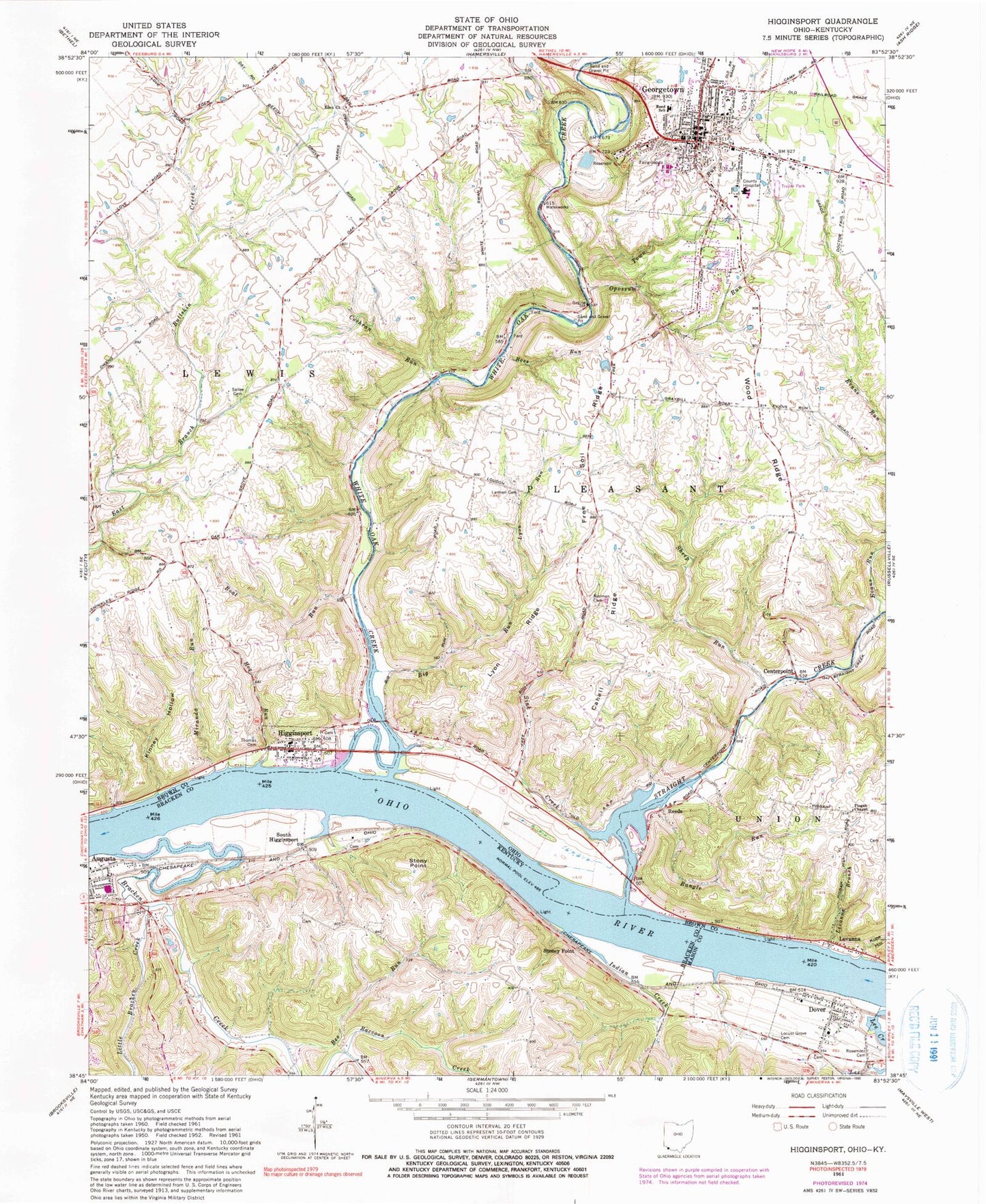 Classic USGS Higginsport Ohio 7.5'x7.5' Topo Map Image