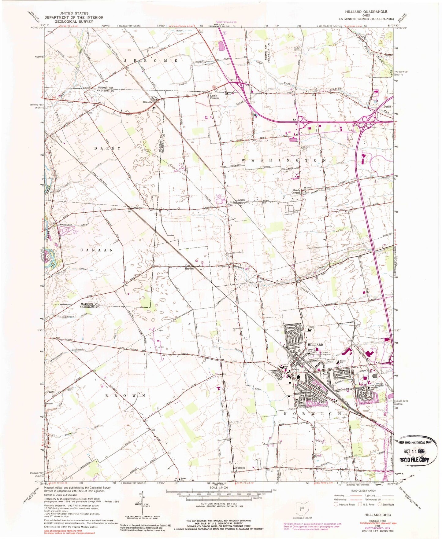 Classic USGS Hilliard Ohio 7.5'x7.5' Topo Map Image