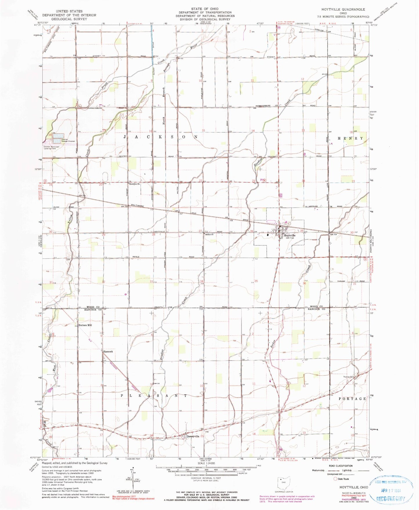 Classic USGS Hoytville Ohio 7.5'x7.5' Topo Map Image