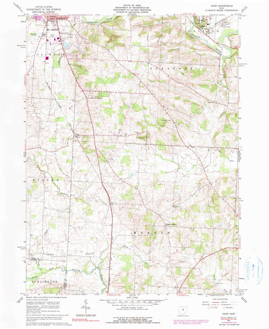 Classic USGS Hunt Ohio 7.5'x7.5' Topo Map Image