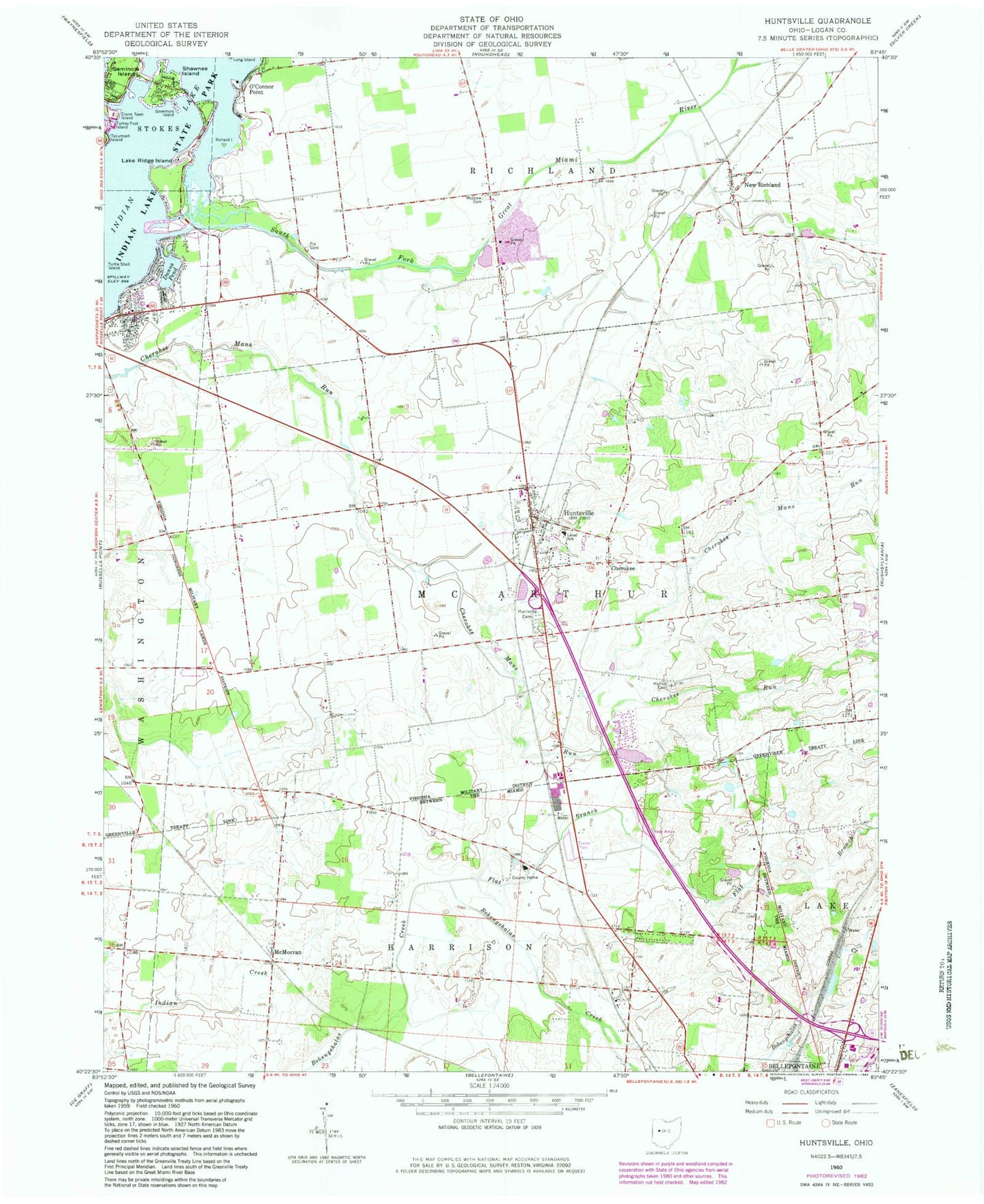 Classic USGS Huntsville Ohio 7.5'x7.5' Topo Map Image