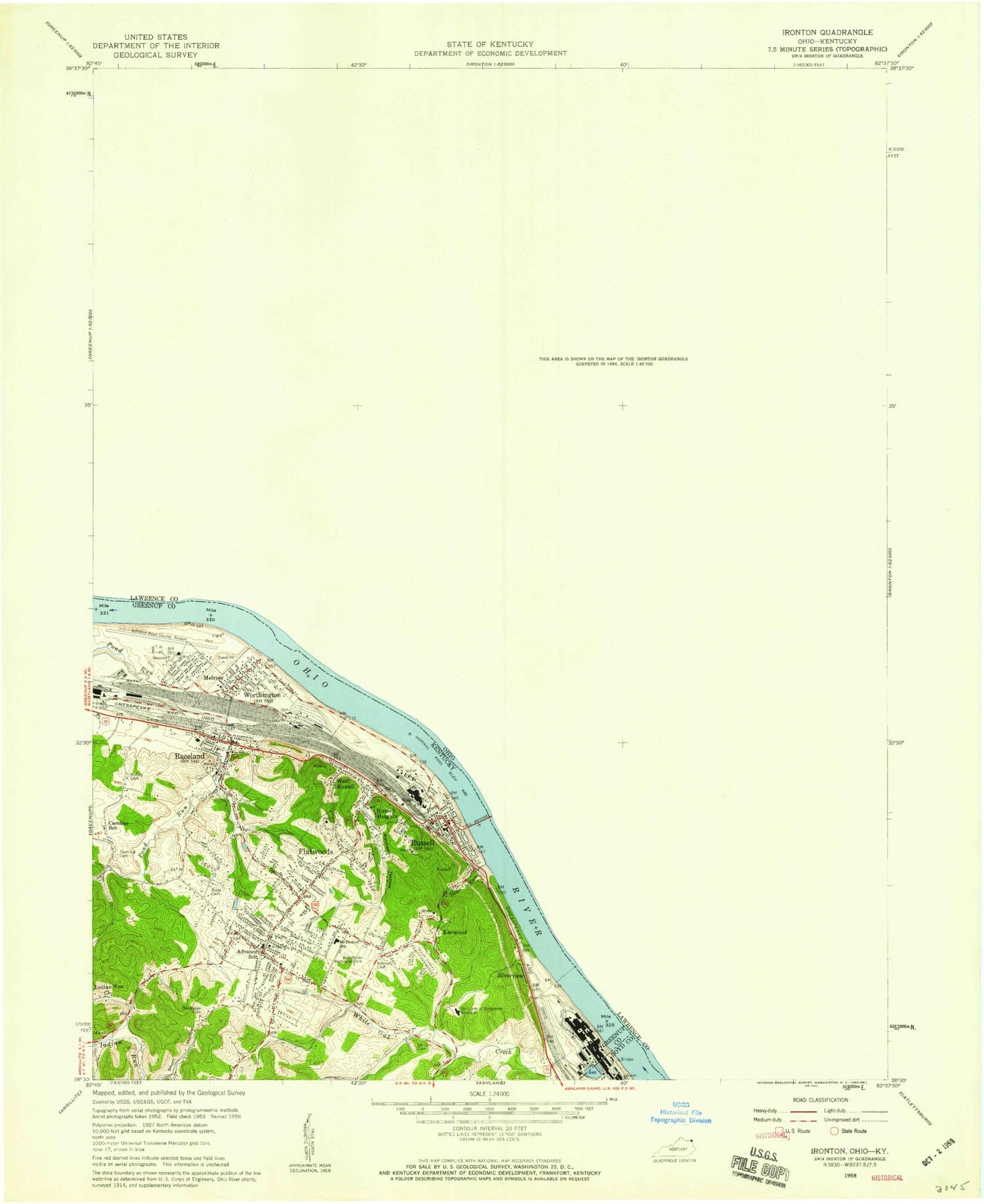Classic USGS Ironton Ohio 7.5'x7.5' Topo Map Image