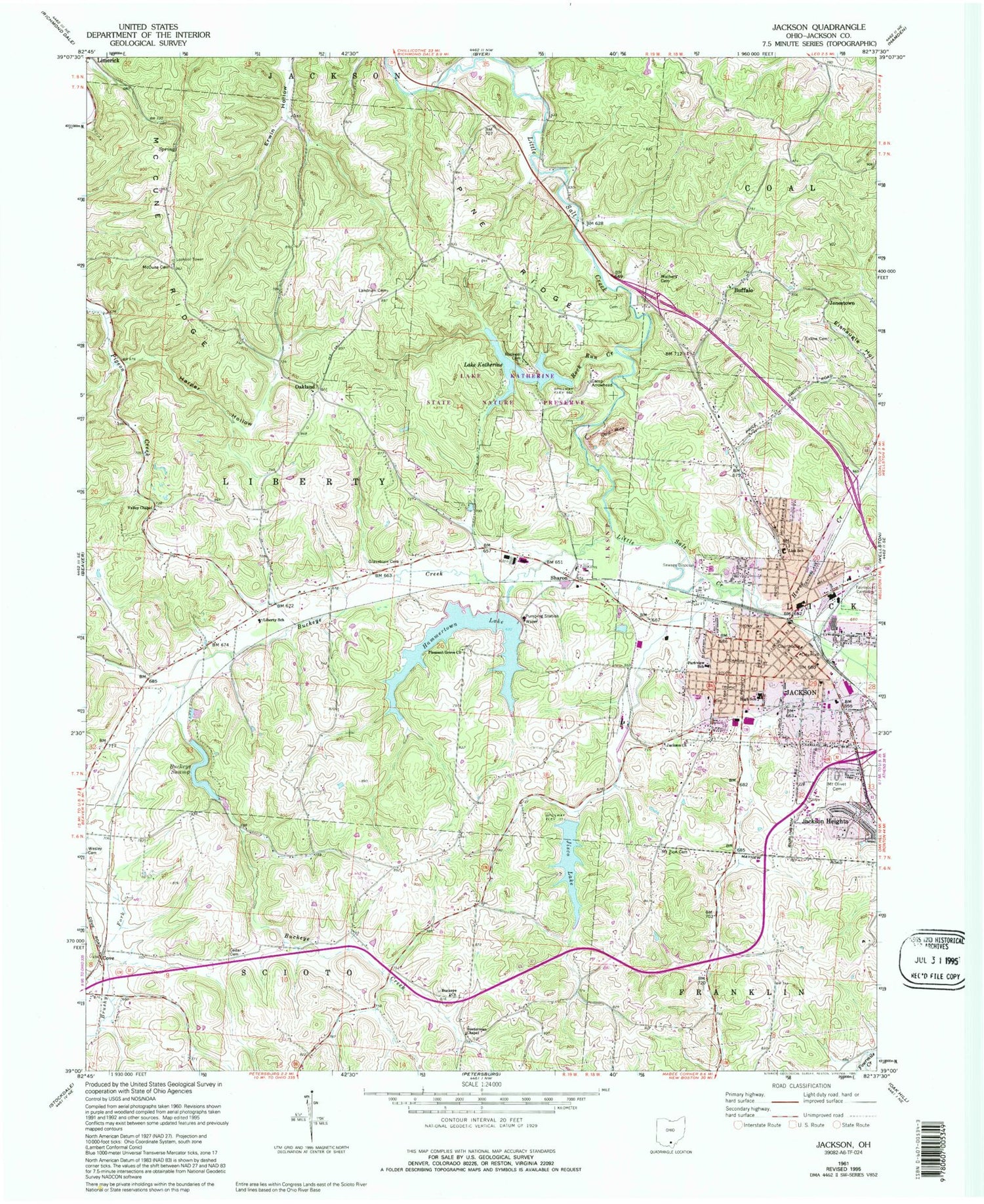 Classic USGS Jackson Ohio 7.5'x7.5' Topo Map Image