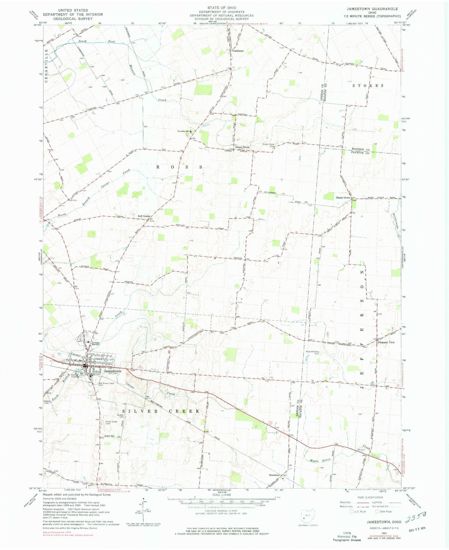 Classic USGS Jamestown Ohio 7.5'x7.5' Topo Map Image