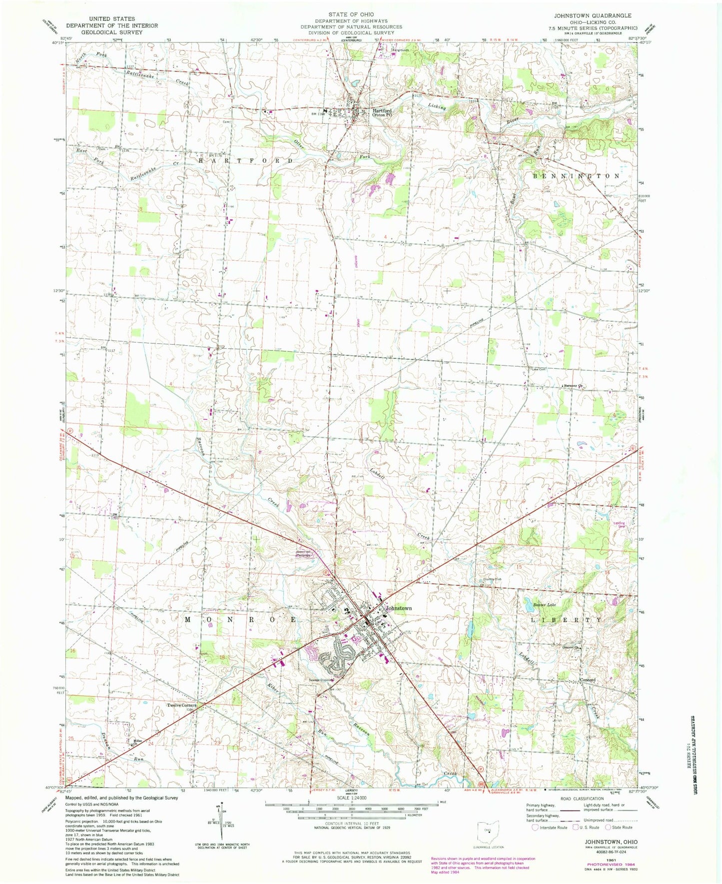 Classic USGS Johnstown Ohio 7.5'x7.5' Topo Map Image