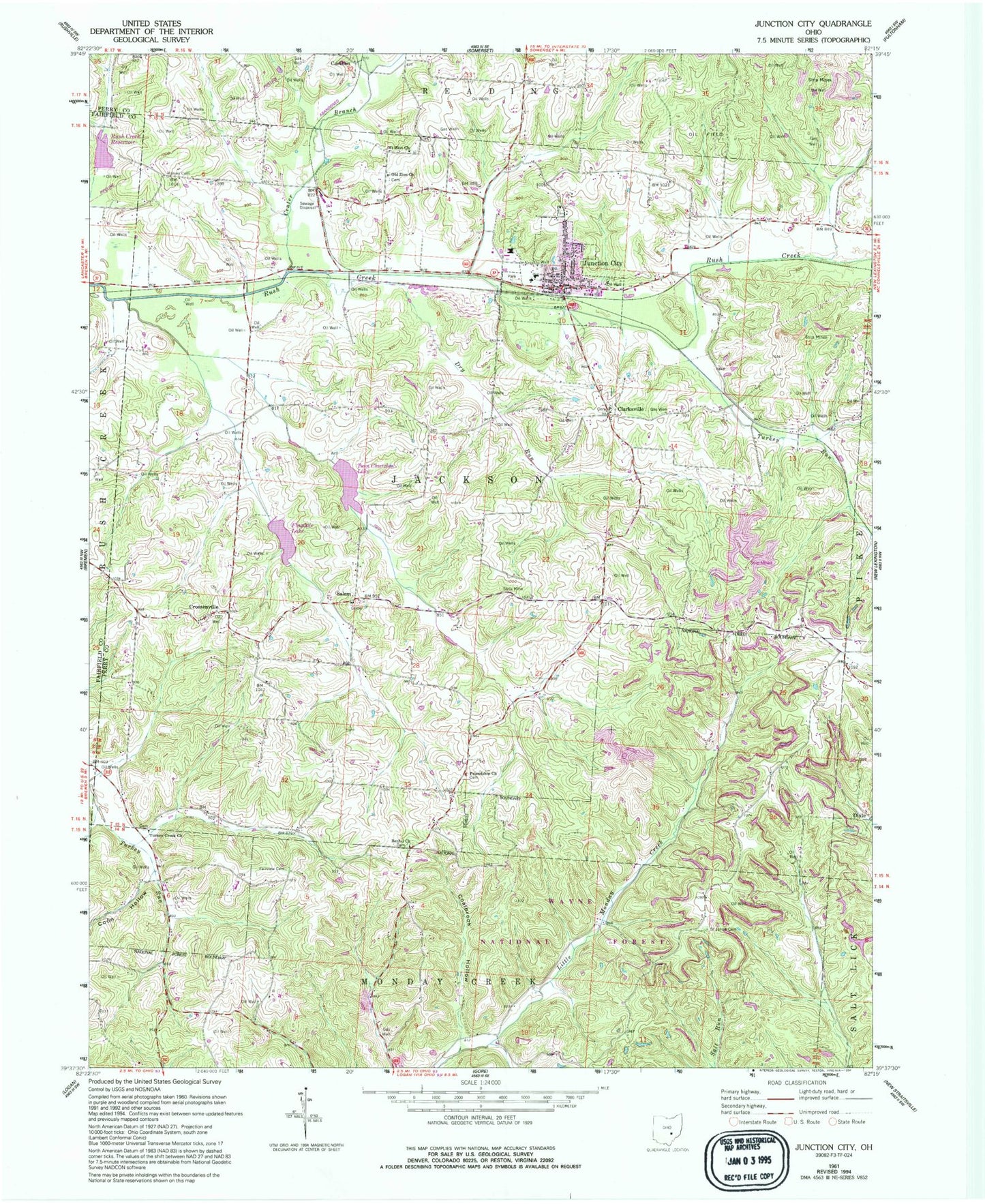 Classic USGS Junction City Ohio 7.5'x7.5' Topo Map Image