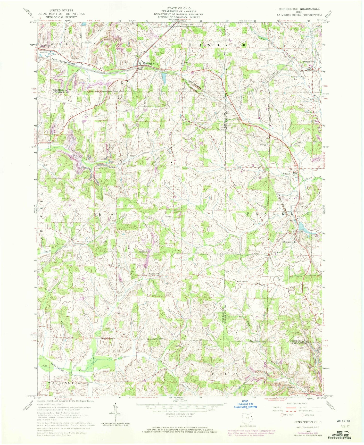 Classic USGS Kensington Ohio 7.5'x7.5' Topo Map Image