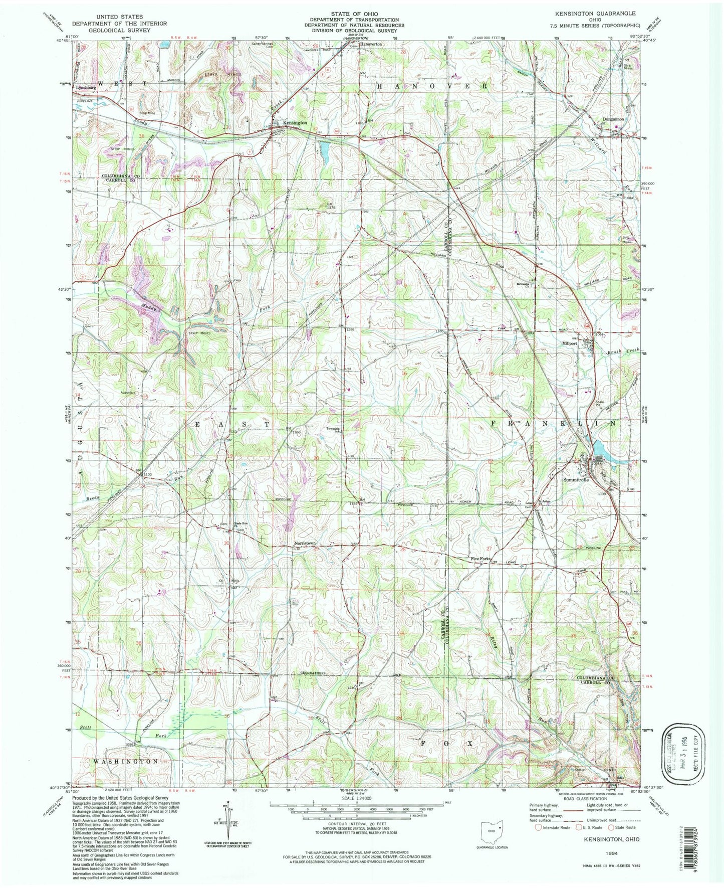 Classic USGS Kensington Ohio 7.5'x7.5' Topo Map Image