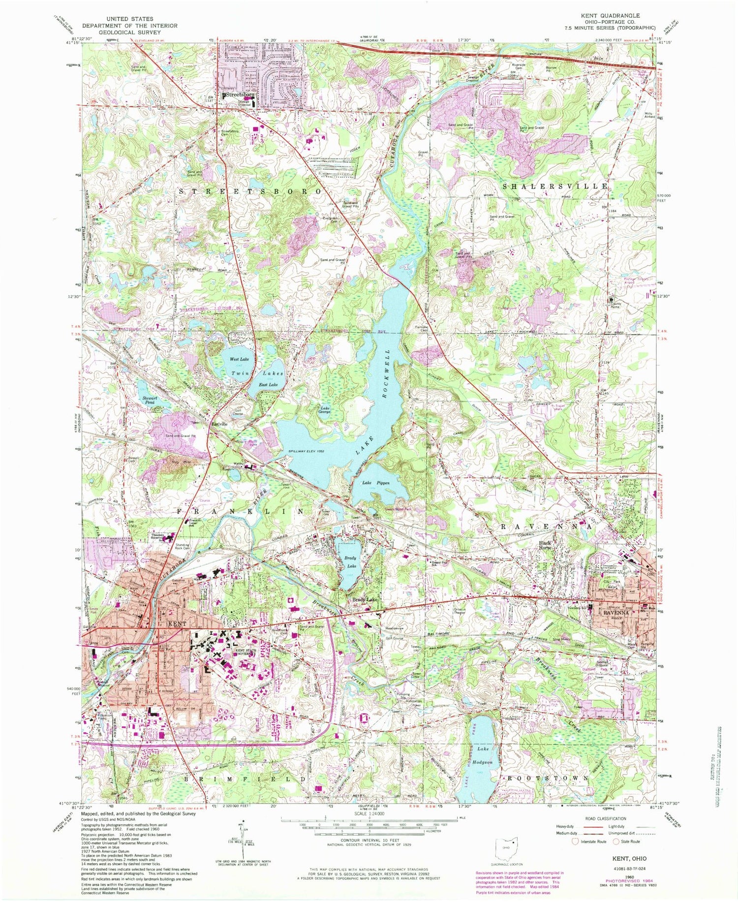 Classic USGS Kent Ohio 7.5'x7.5' Topo Map Image