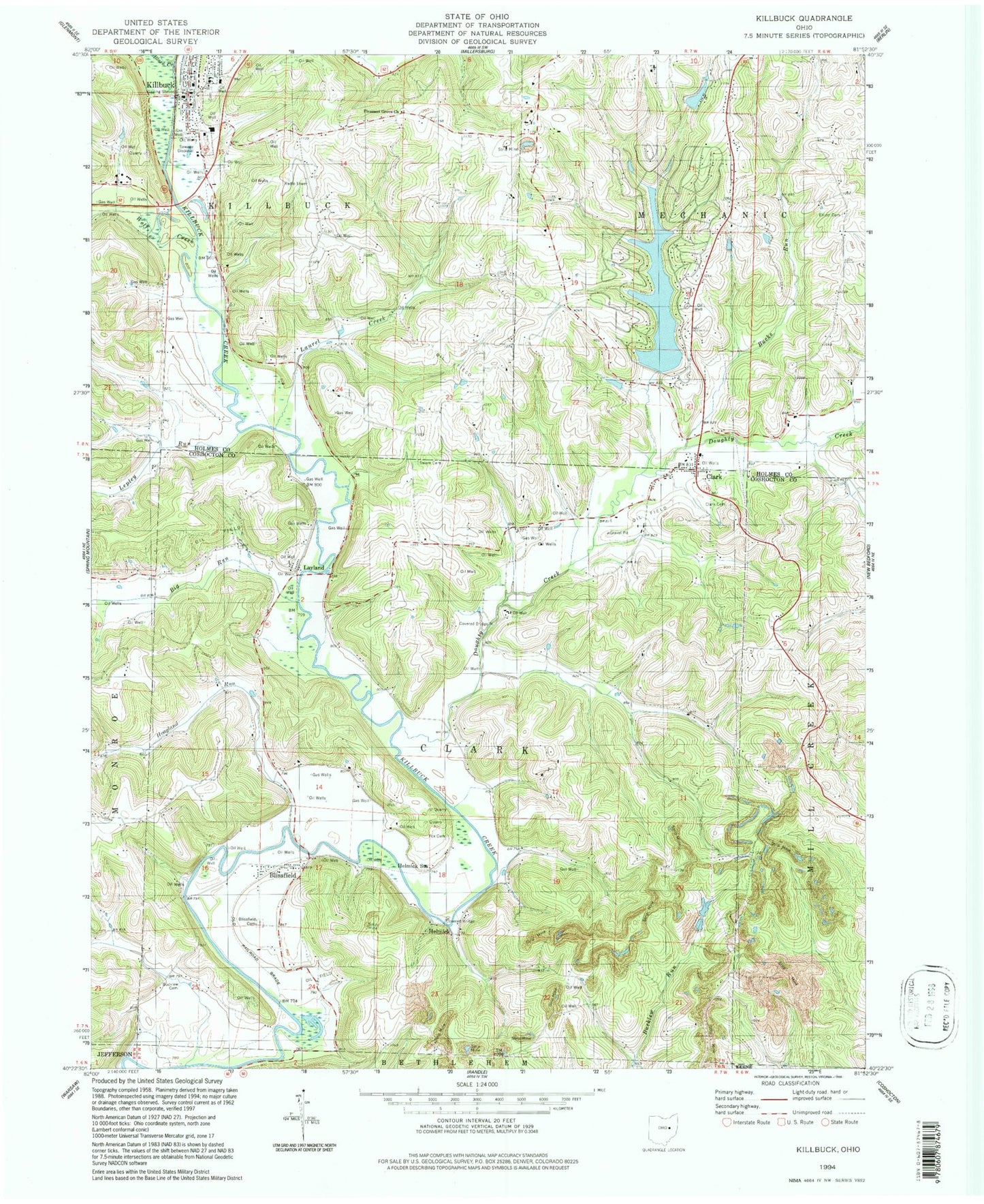 Classic USGS Killbuck Ohio 7.5'x7.5' Topo Map Image