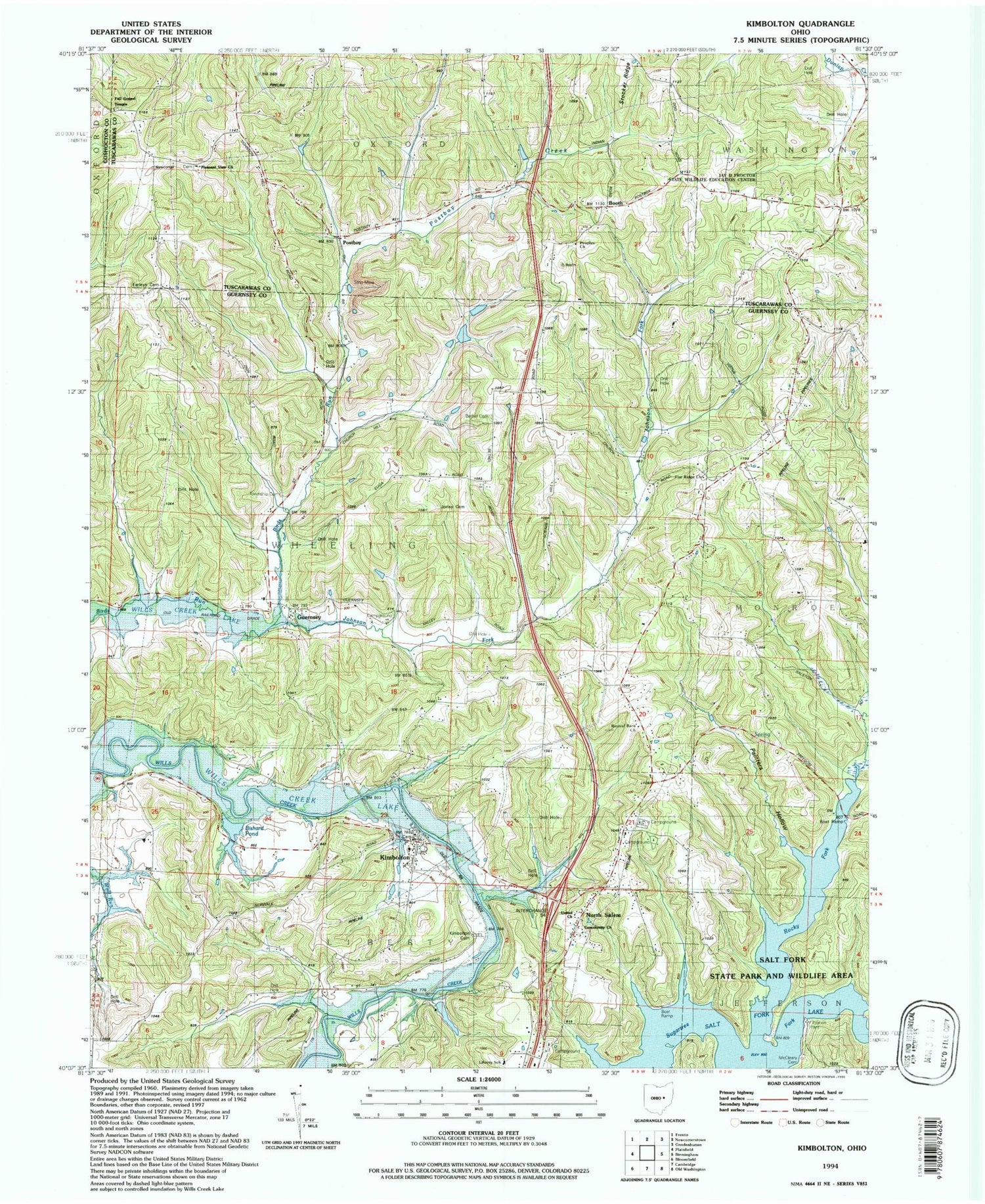 Classic USGS Kimbolton Ohio 7.5'x7.5' Topo Map Image