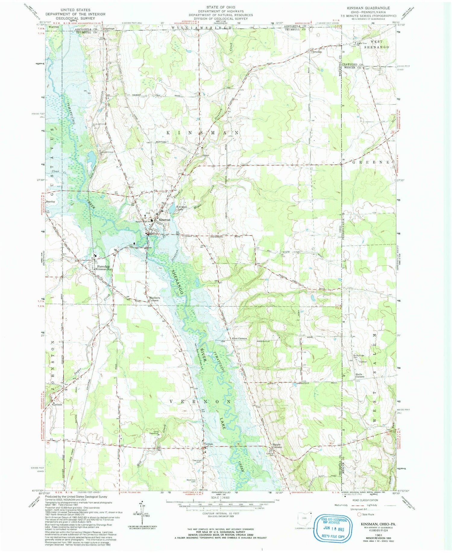 Classic USGS Kinsman Ohio 7.5'x7.5' Topo Map Image